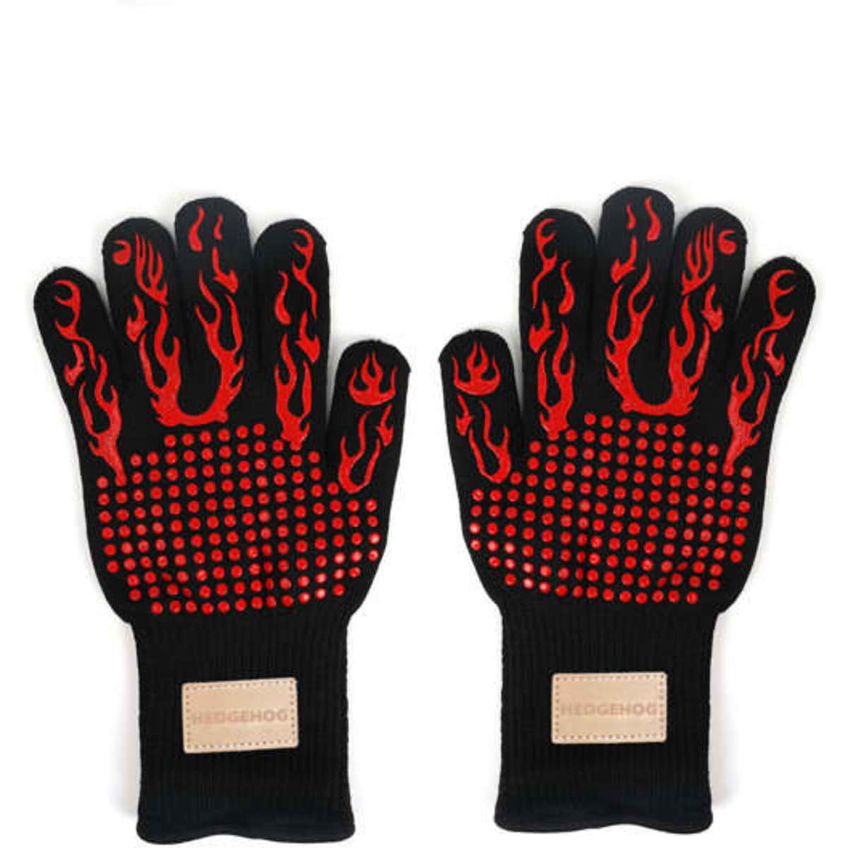 Heat resistant gloves featuring a black design with red flame patterns and textured grip on the palms.