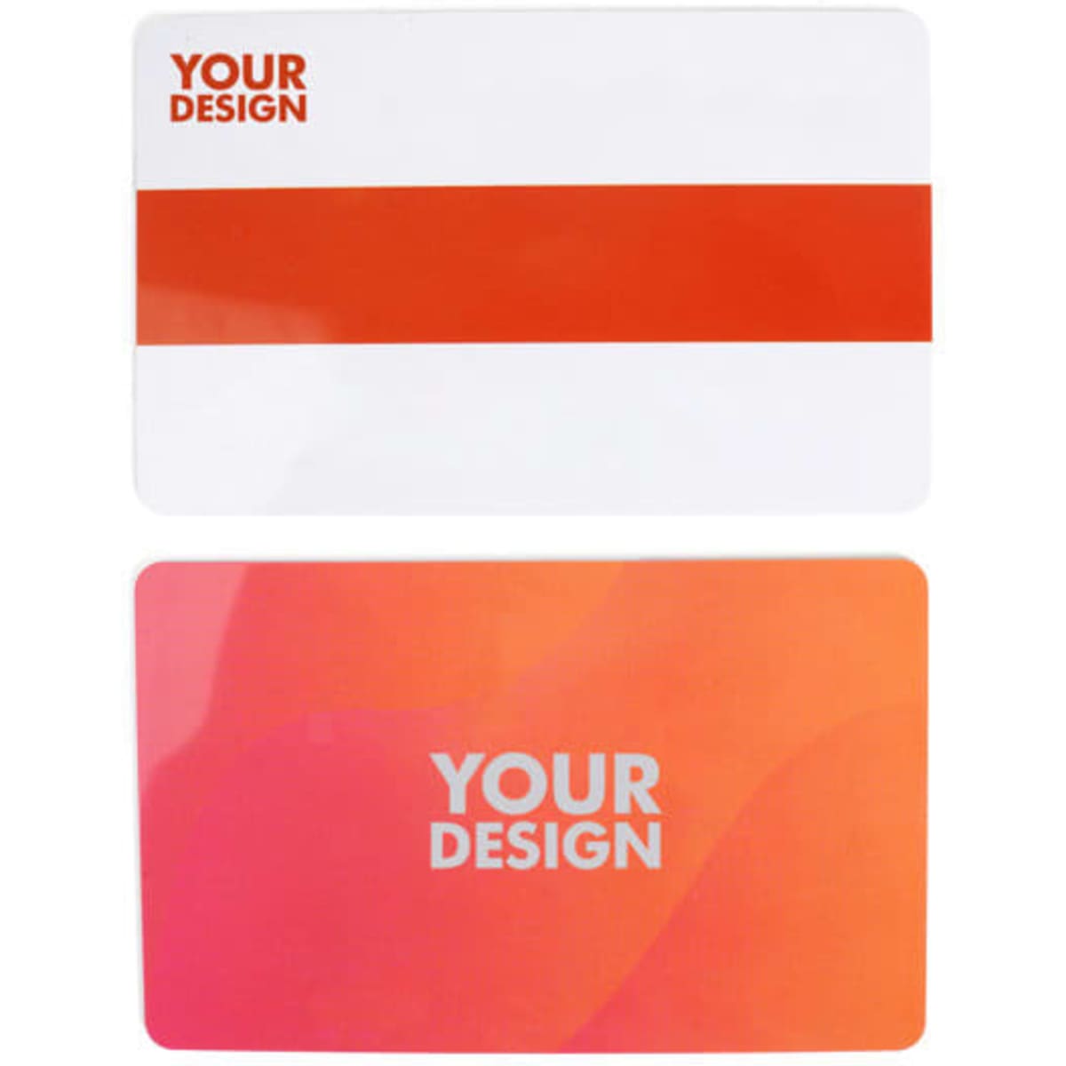 A customised RFID blocking card featuring a white and orange design with space for personalisation.