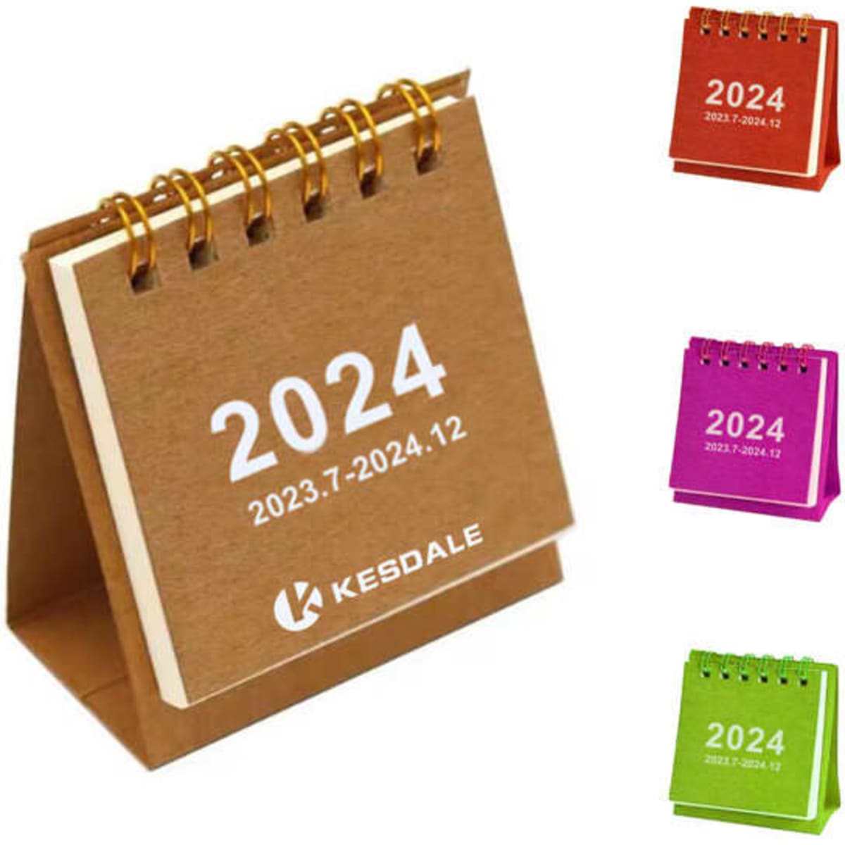 A portable mini desk calendar in brown with metal rings, featuring colourful versions in pink and green.