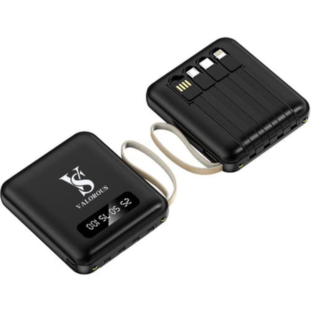 A black power bank featuring four built-in cables and a logo, designed for charging devices.