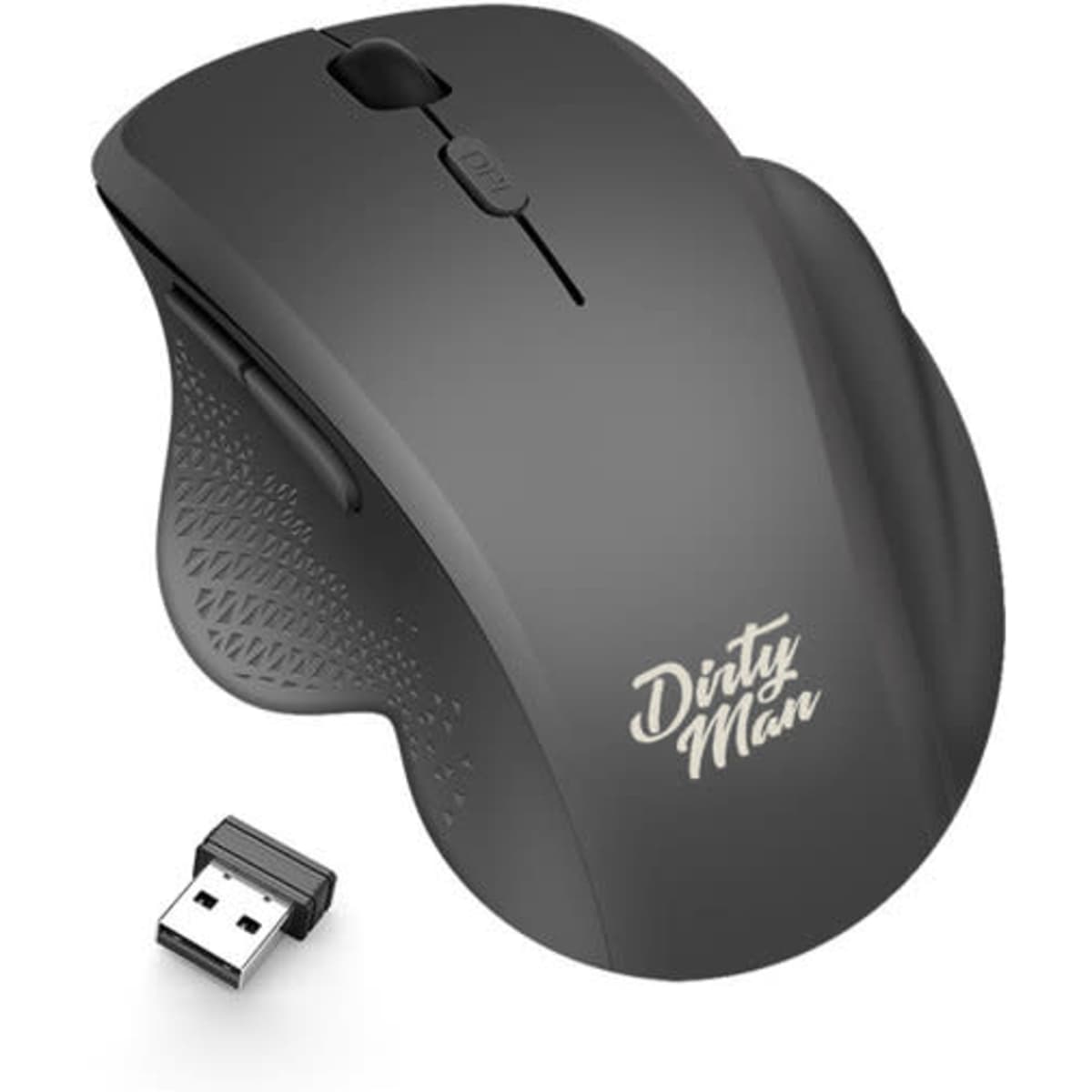 A wireless mouse in black with a USB receiver, featuring a textured grip and a branding logo.