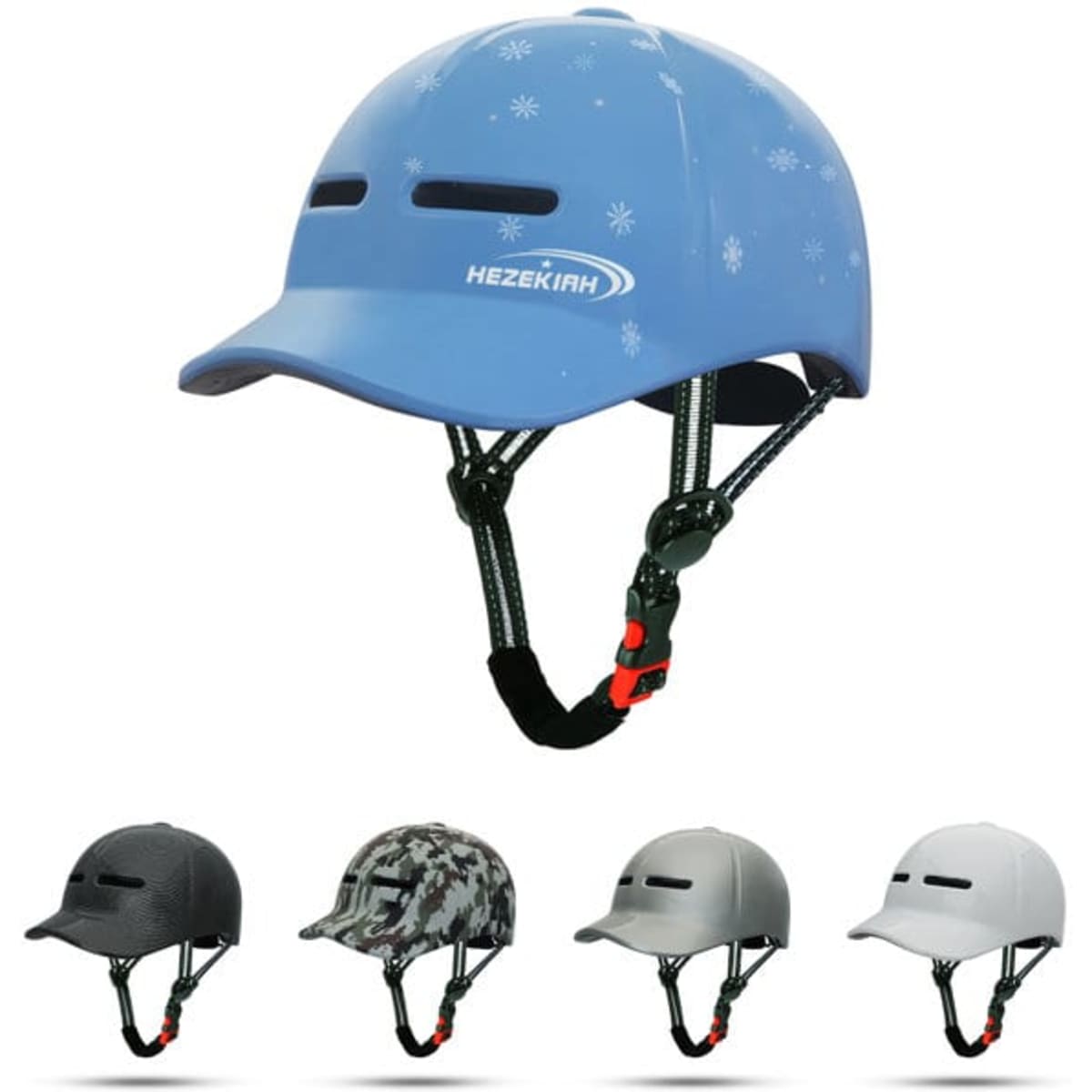 A blue baseball cap style cycling helmet with a peak and adjustable straps, displayed alongside grey, black, and camo variants.