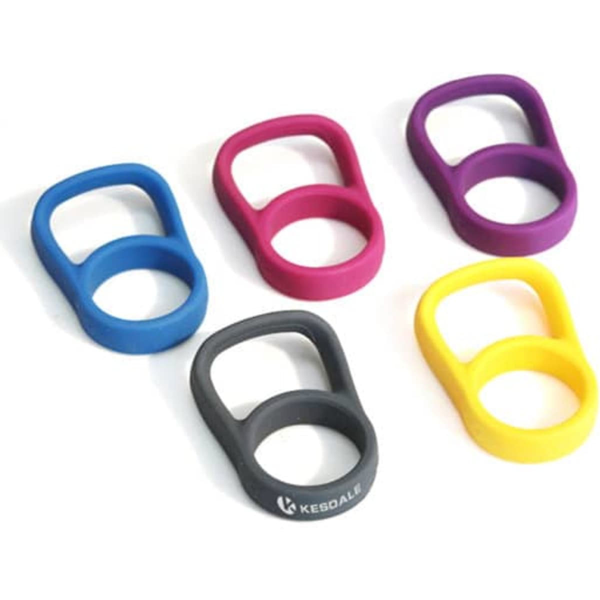 A drink bottle carrying clip set in blue, purple, pink, grey, and yellow, featuring a logo on one clip.