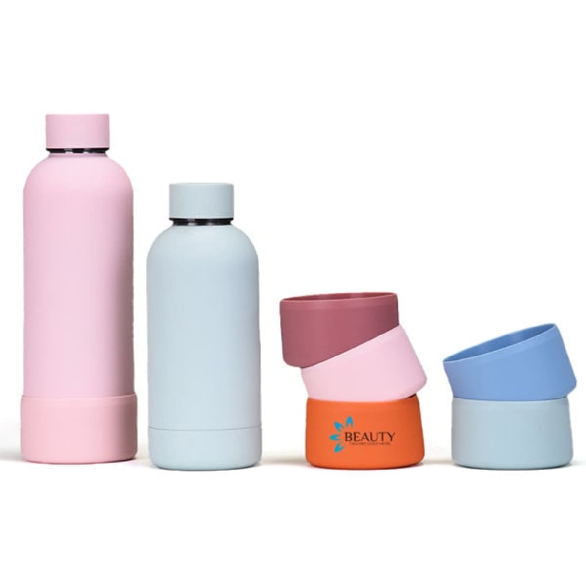 A drink bottle collection featuring pink, blue, and orange silicone boots. Each bottle has a logo.