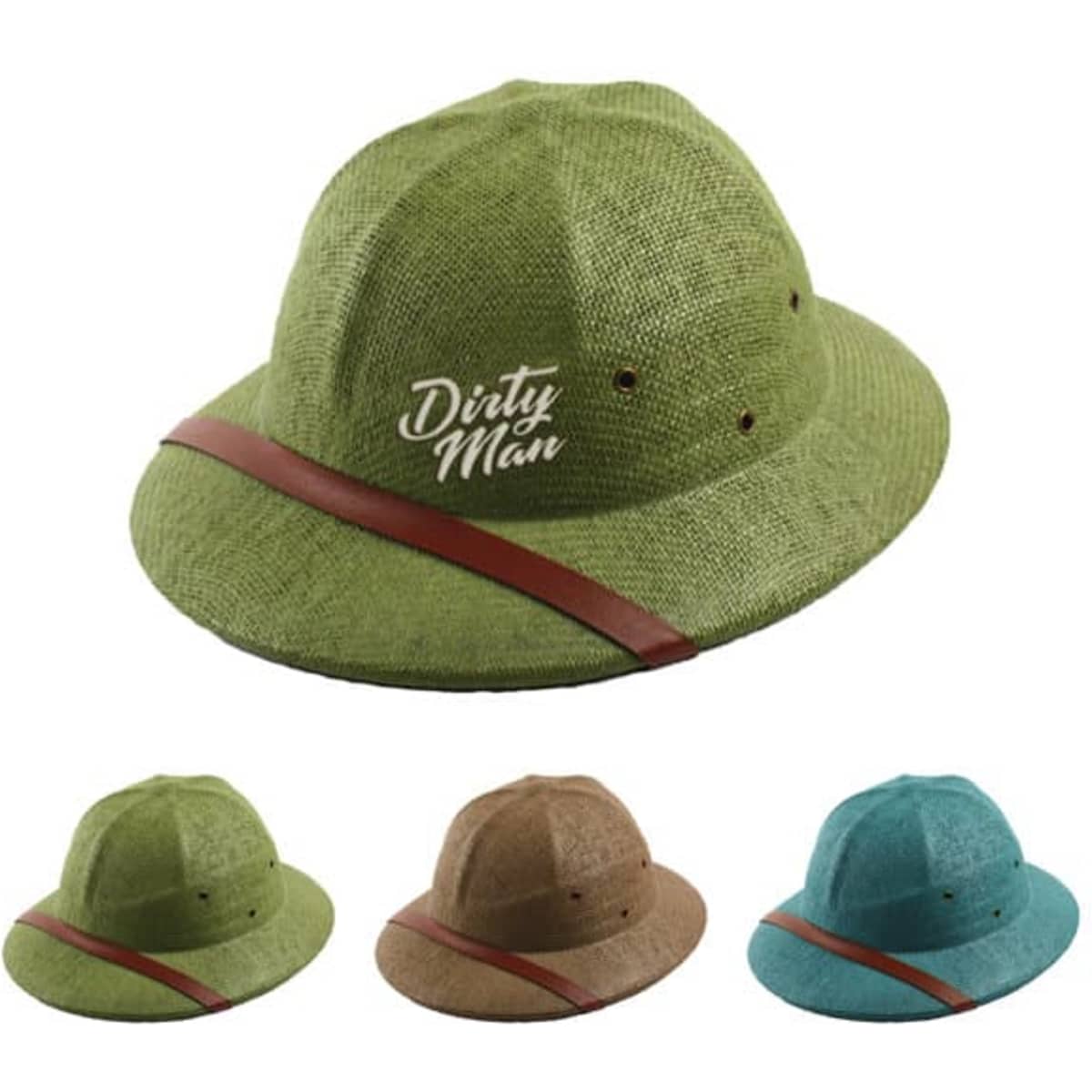 A green straw pith helmet with a brown band, featuring a logo. Available in additional colours: brown and blue.