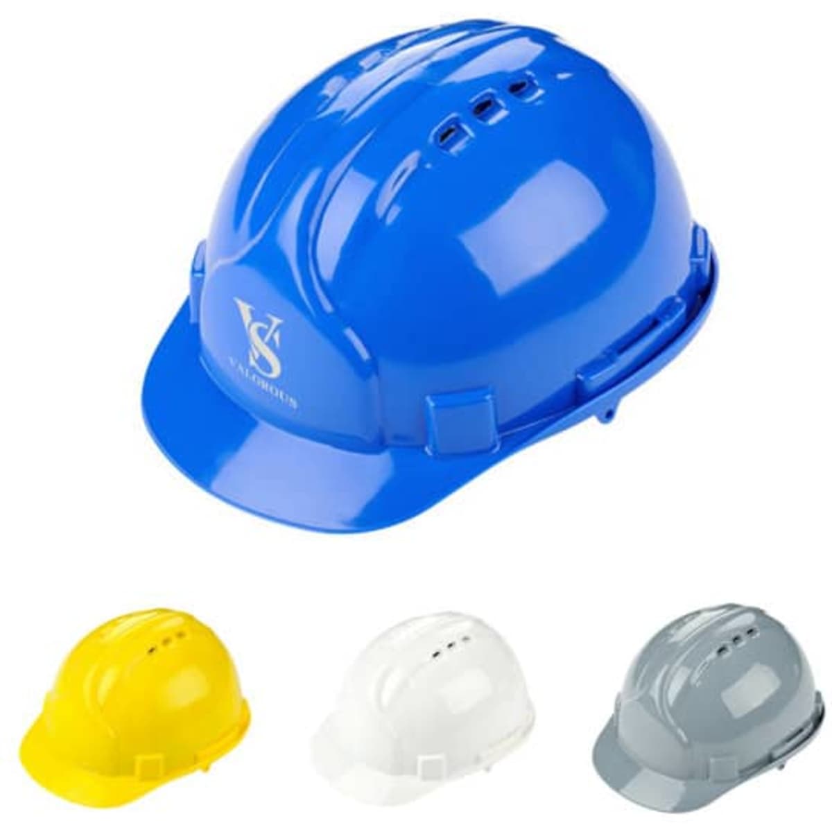 A blue ABS safety helmet with vents, accompanied by yellow, white, and grey variants, all featuring logos.