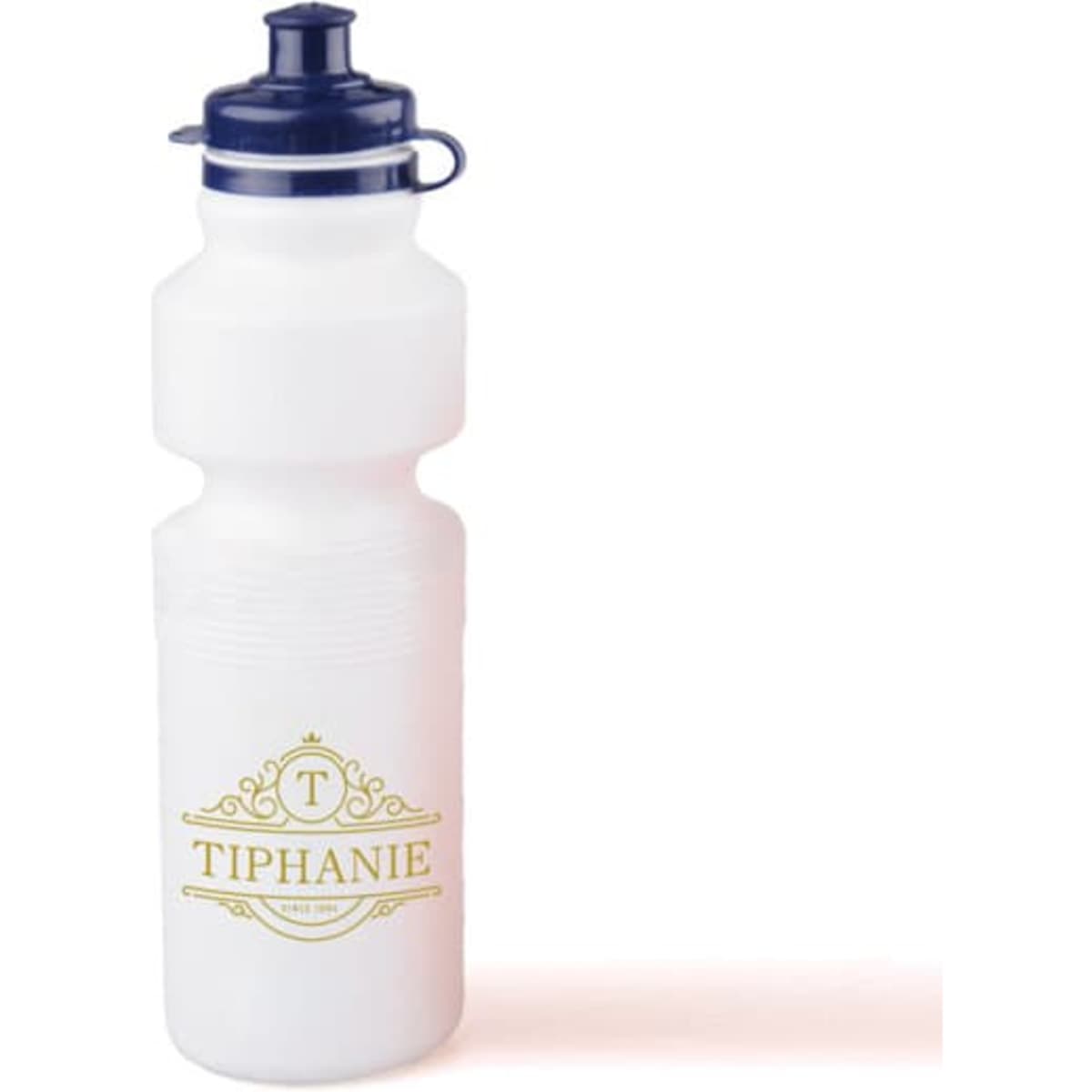 A drink bottle in white with a blue cap and a decorative logo. Ideal for hydration on the go.