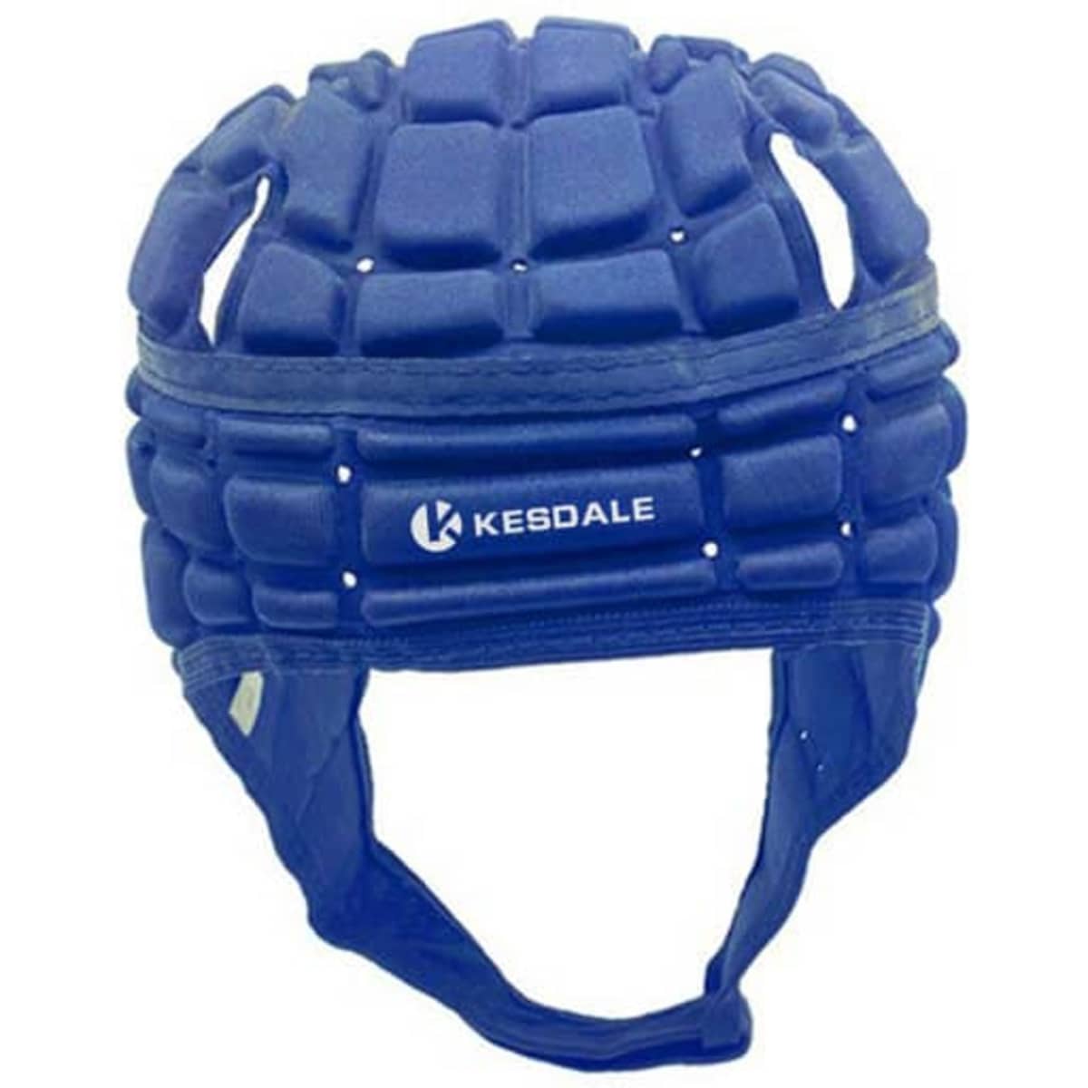 A custom rugby headgear in navy blue with padding and a logo, designed for protection in sports.