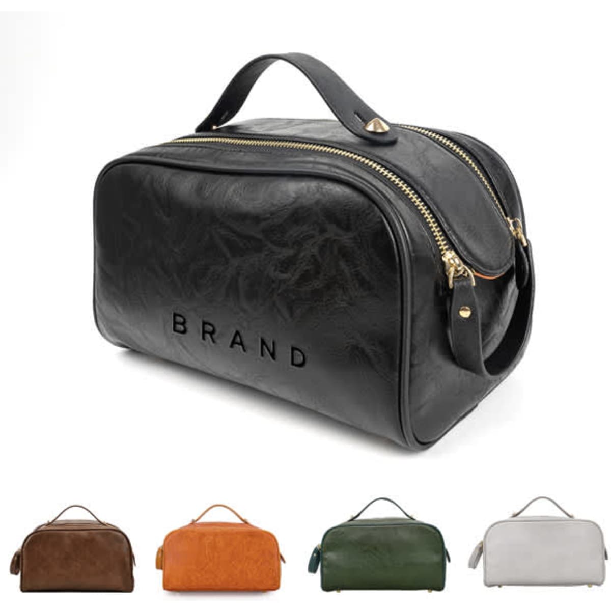 A black portable cosmetic bag with a zip closure and gold accents, alongside colour variations in brown, orange, green, and white.