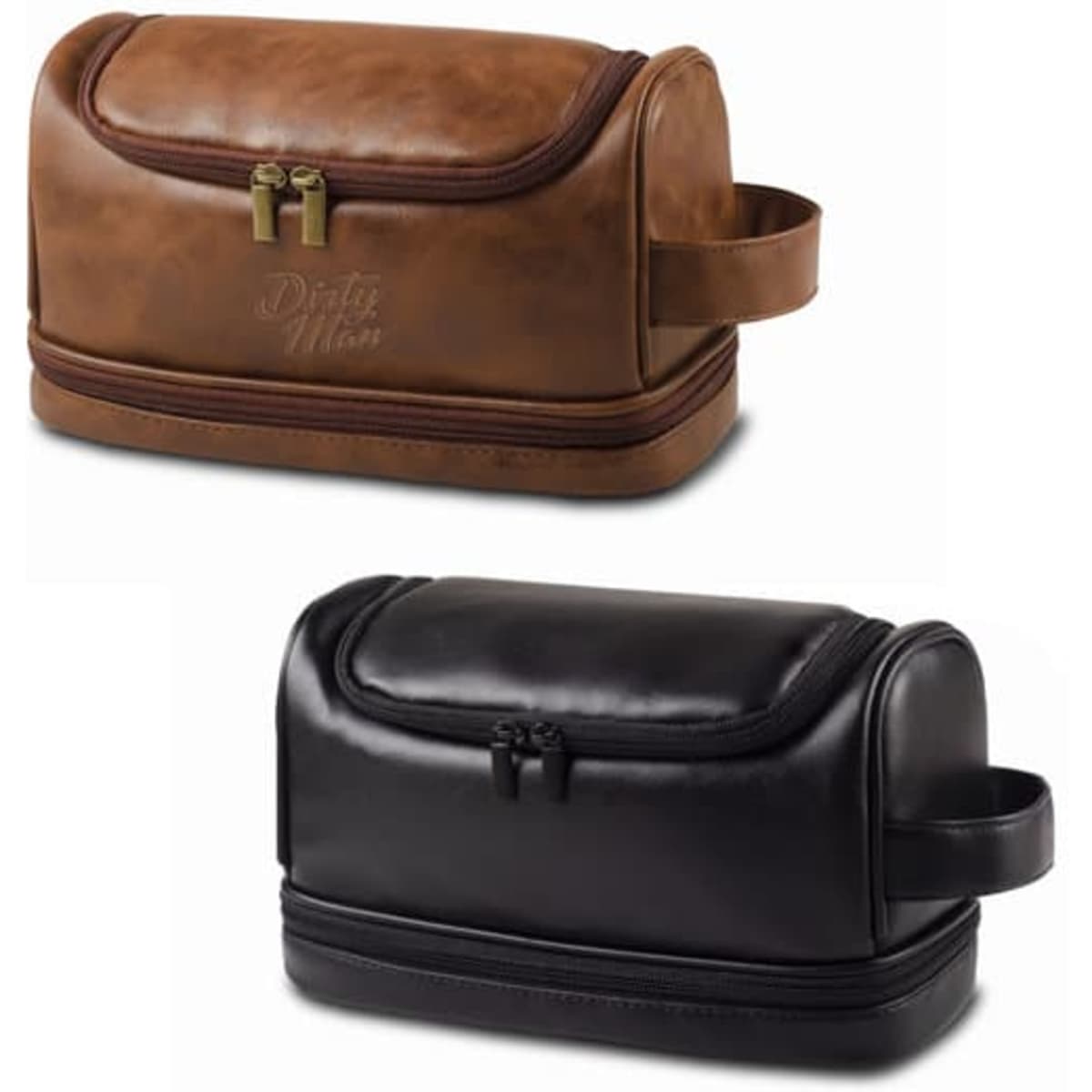 A brown PU leather double layer toiletry bag and a black PU leather toiletry bag with zippers and handles.