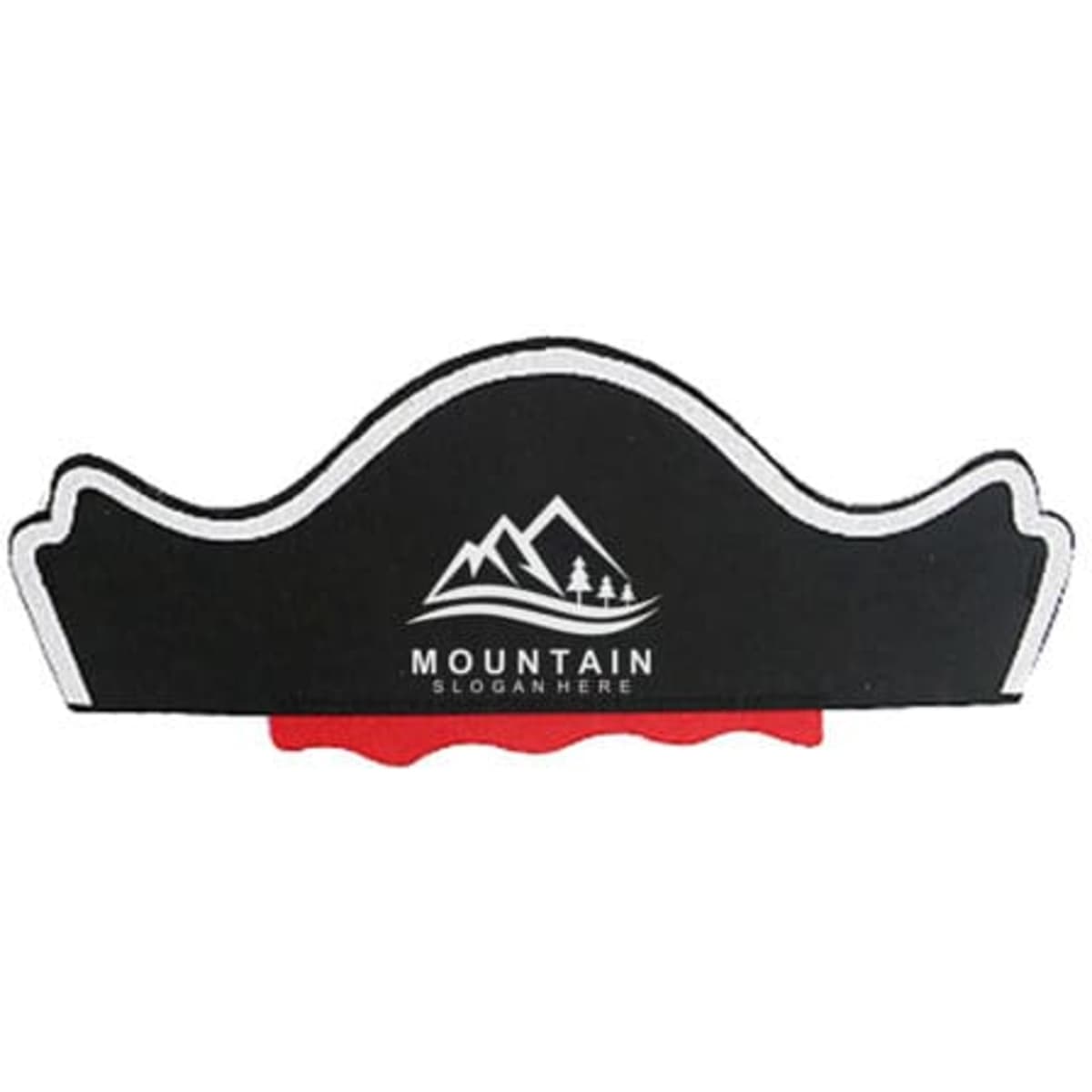 A black pirate hat featuring a white outline and a red underside, with a logo on the front.