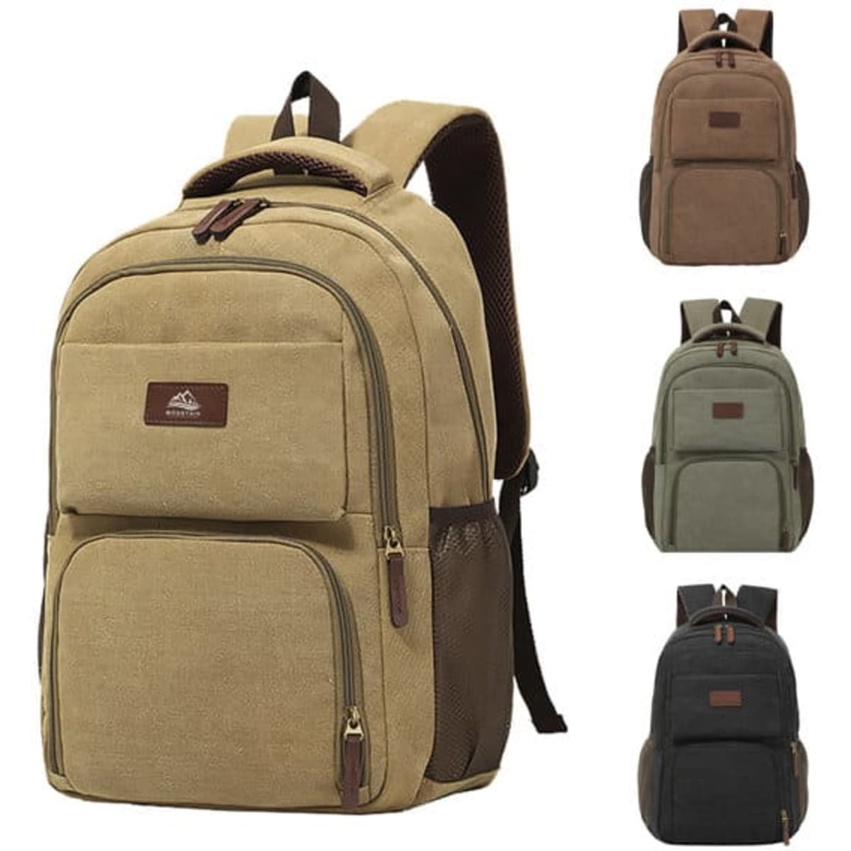 A large capacity leisure backpack in tan with brown accents. Also displayed in green and two shades of brown. Includes a logo.