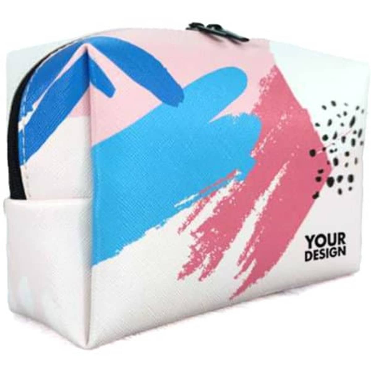 A portable makeup bag featuring a vibrant design with pink, blue, and black patterns, alongside a logo.