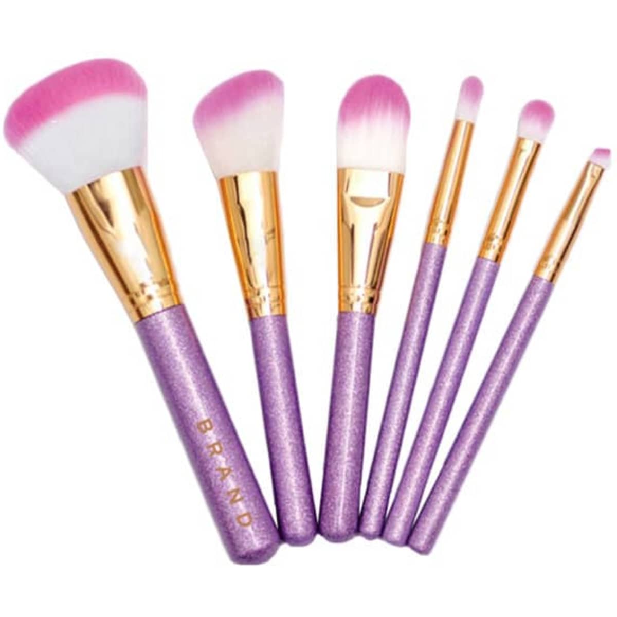 A set of six soft bristle makeup brushes with pink and purple glittery handles and gold accents.