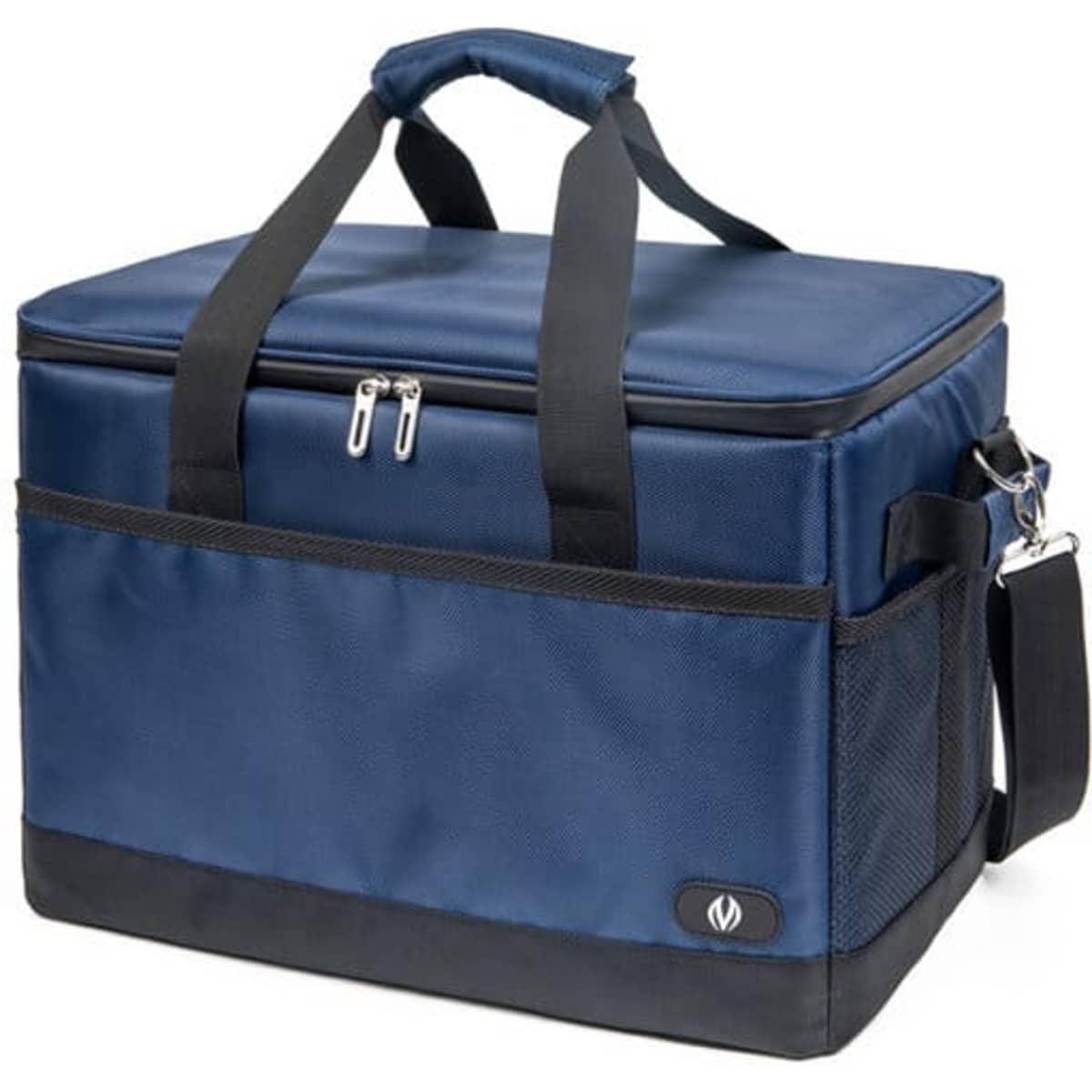 A navy blue insulated cooler bag with double handles, a zippered top, and a mesh side pocket.