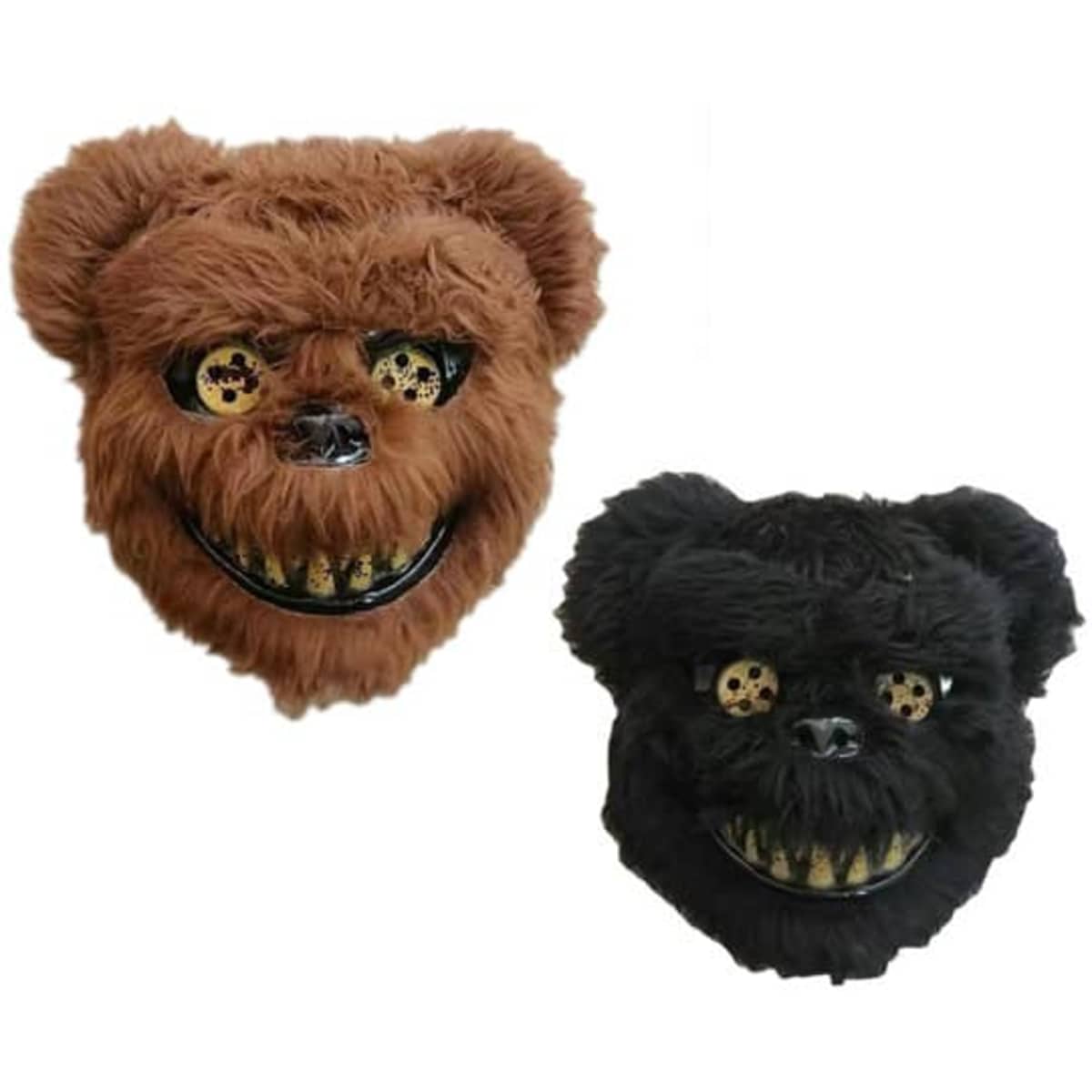 A Halloween plush head mask in brown and black with fur, featuring menacing eyes and a sinister smile.