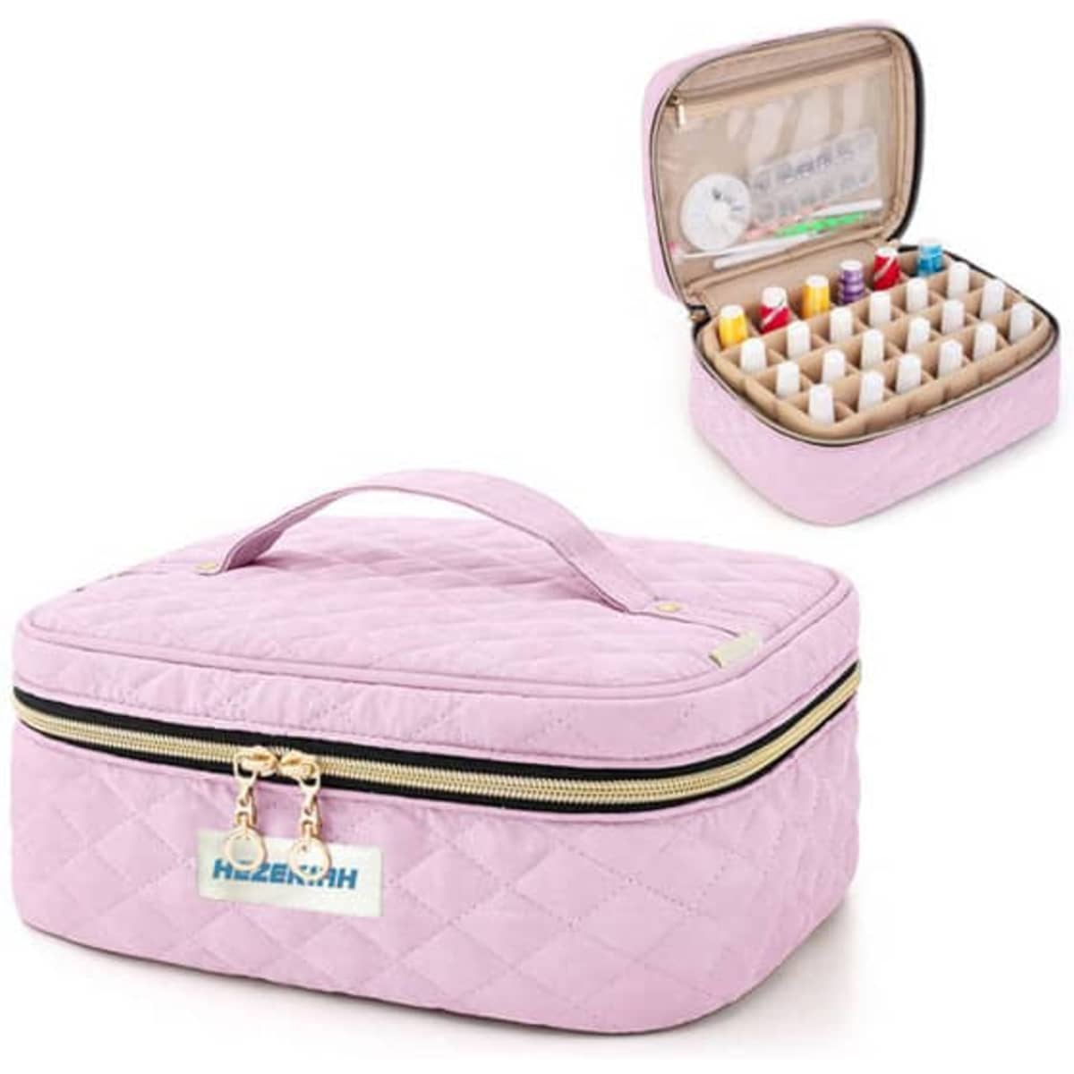 A pink quilted essential oil carrying case with a zip closure, showcasing compartments for small bottles inside.