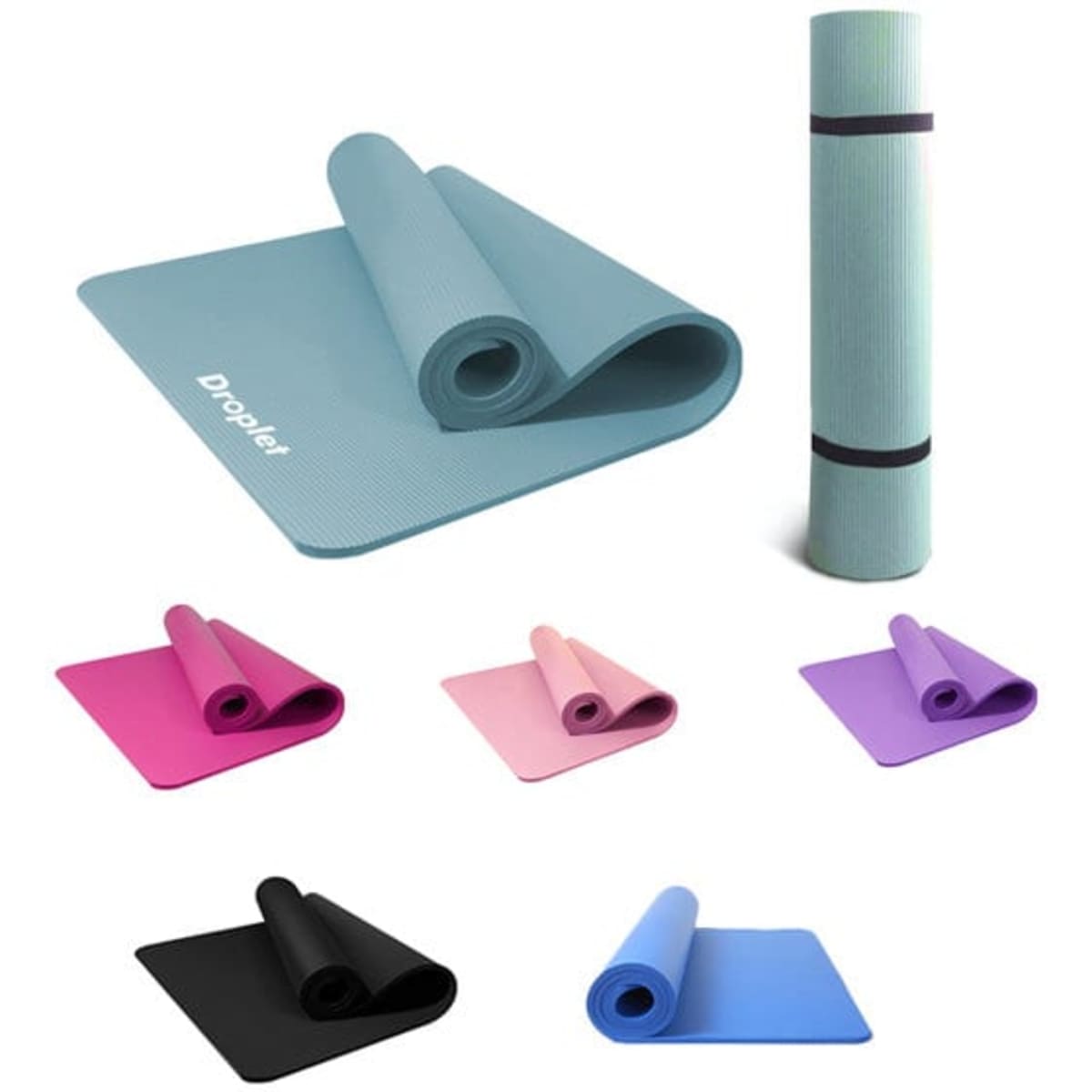 A blue yoga mat with strap, alongside options in pink, purple, and black, featuring a logo.