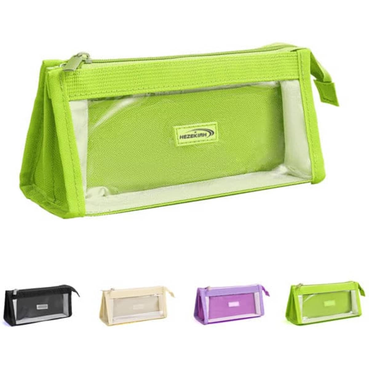 A multi-layer clear PVC pencil case in vibrant green, featuring a zip closure and a visible interior. Available in multiple colours.