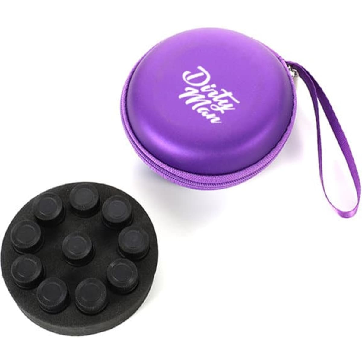 A round purple carrying case with a zip and a wrist strap, containing a black circular essential oil holder.