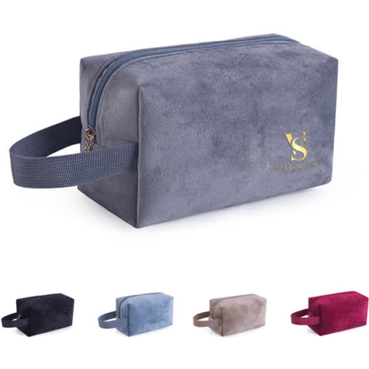 A flannel cosmetic bag in grey with a zipper and handle, featuring a logo, alongside samples in dark blue, light blue, and beige.
