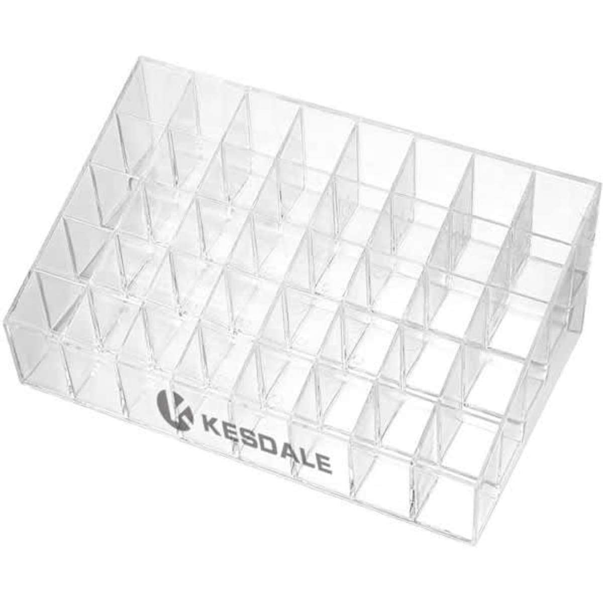 A clear acrylic cosmetics display stand featuring multiple compartments for organisation. It has a logo on the front.