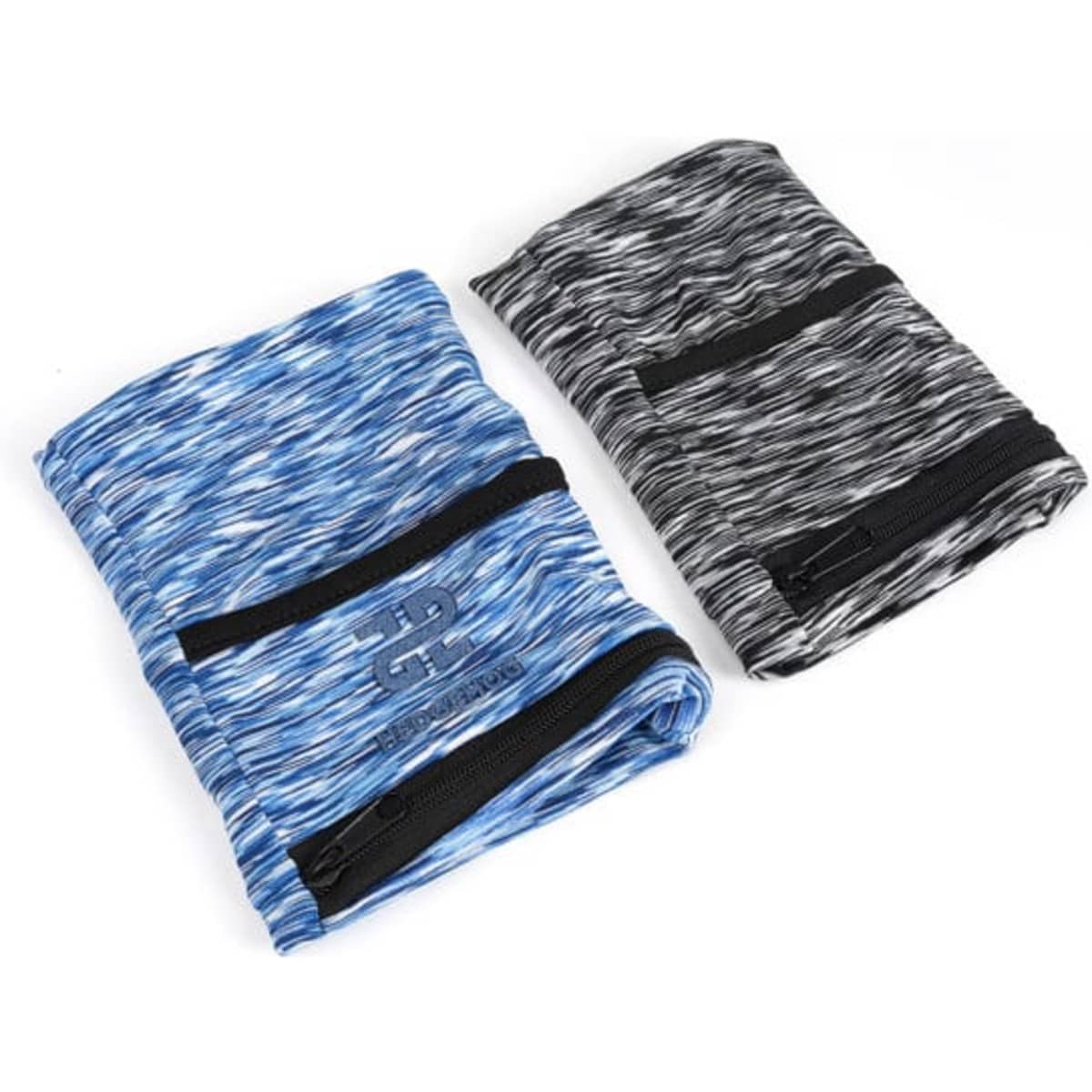 Two folded Sports Zipper Wrist Pouches, one in blue with a textured pattern and one in grey, both with zippers and branding.