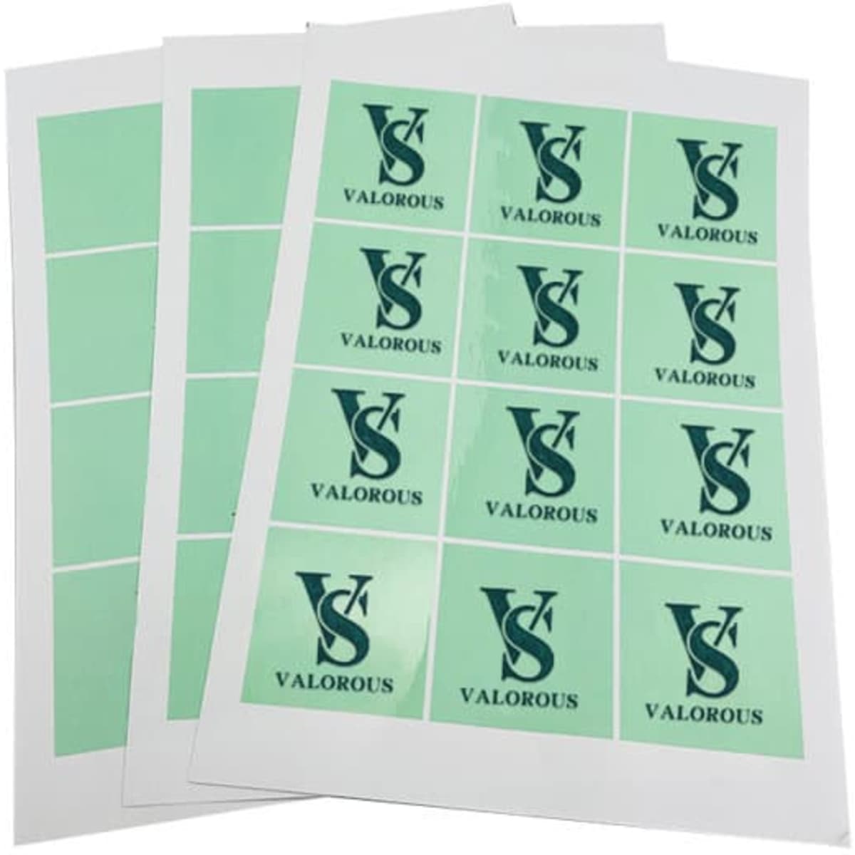 A stack of adhesive logo stickers featuring a green background and a dark logo design, arranged in sheets.