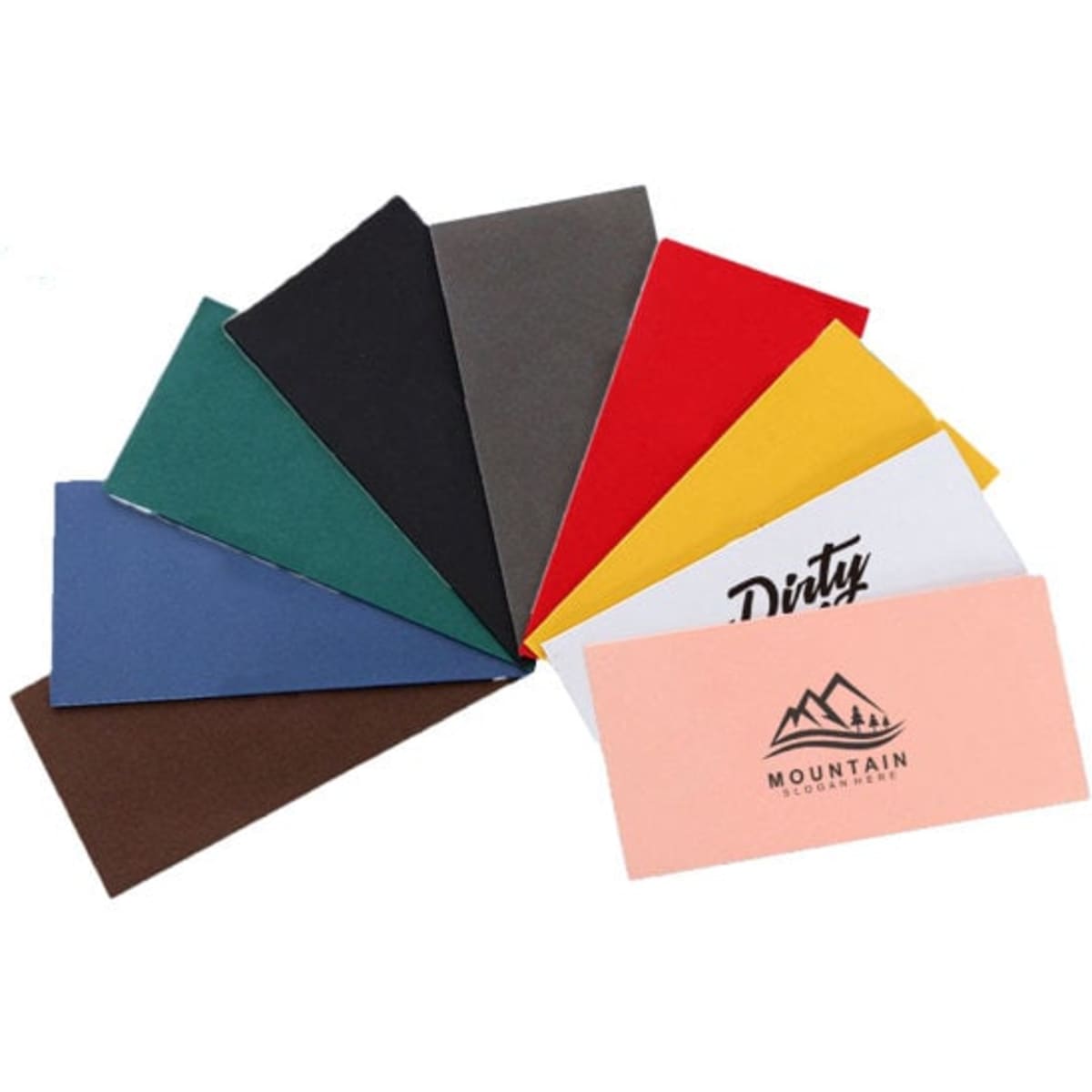 A set of custom envelopes in various colours, including green, red, black, and more, with a logo on one envelope.