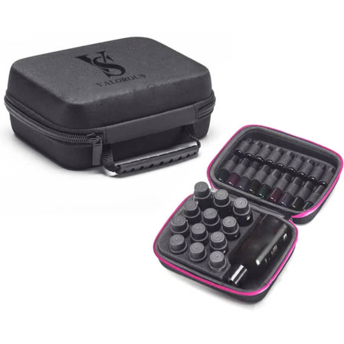 A black carrying case for essential oils with a pink interior, holding multiple vials and featuring a logo.