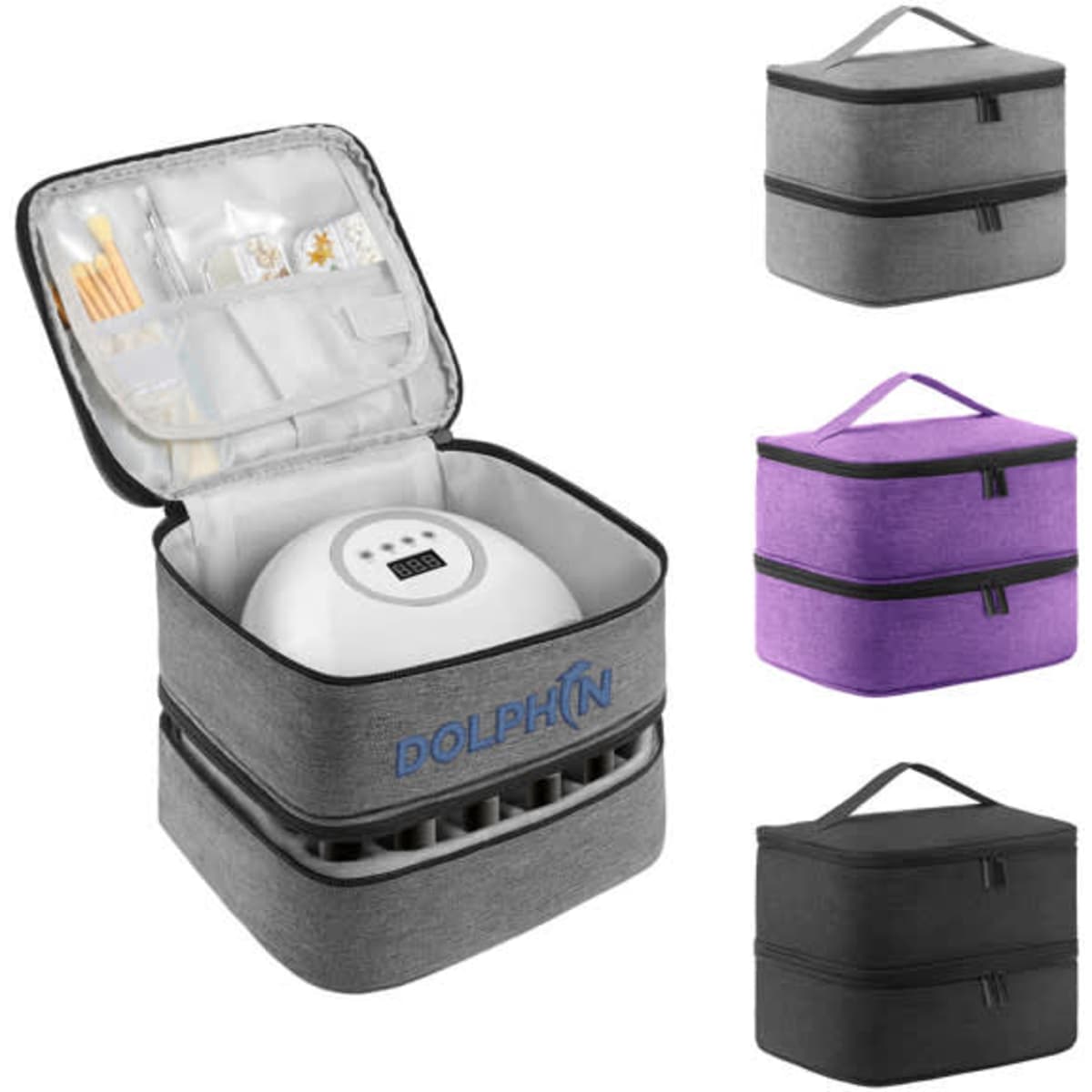 A double-layer nail polish organiser case in grey, featuring compartments for tools and a logo. Available in additional colours.