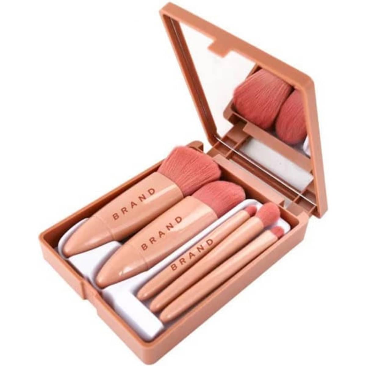 A makeup brush set with five brushes in various sizes, featuring soft bristles and a compact mirror. The case is a peach colour.