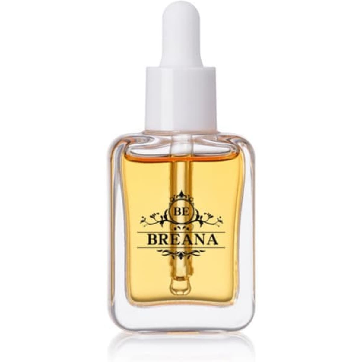 A flat square glass dropper bottle with a clear body and white dropper top, containing golden liquid.