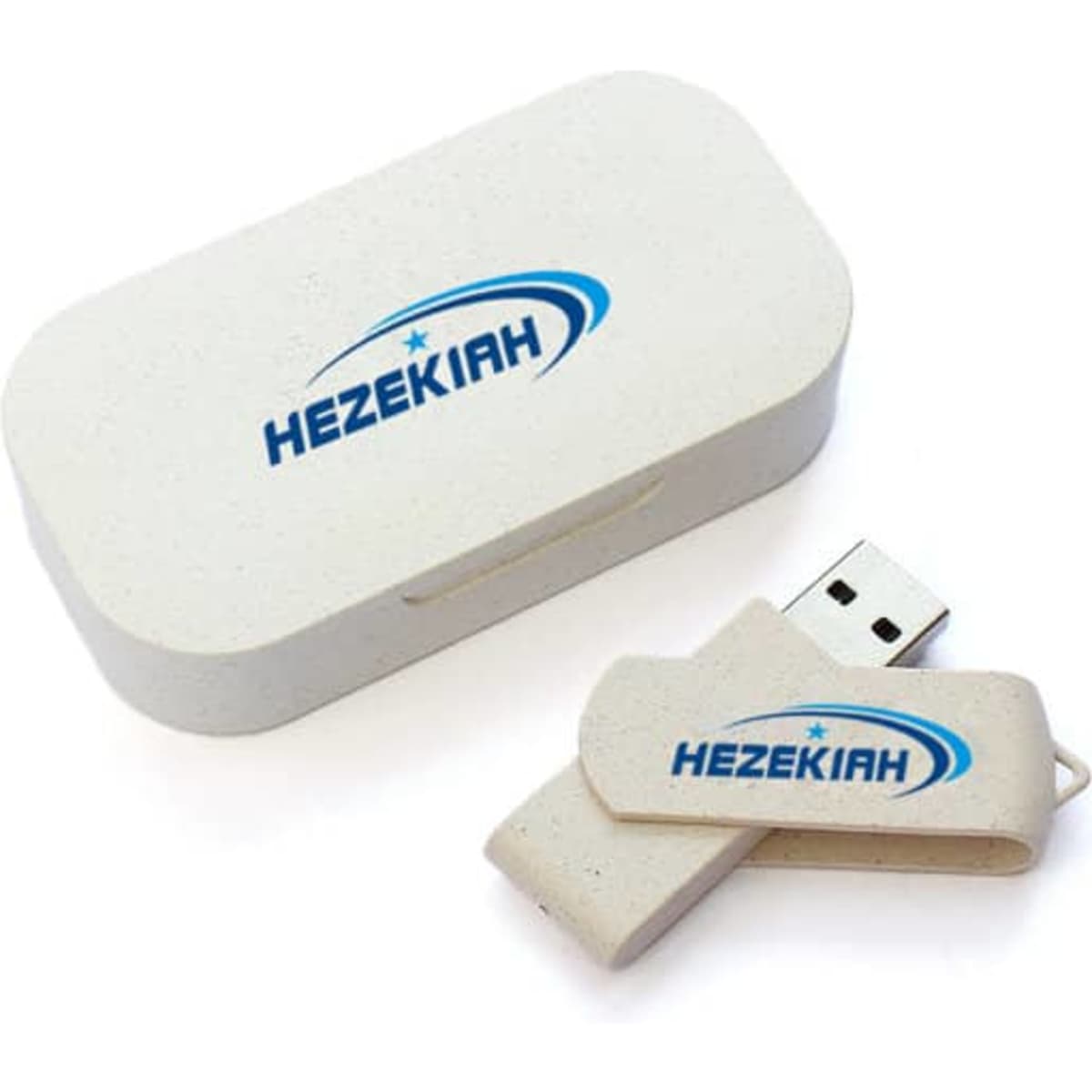 A white 8GB wheat straw USB flash drive with a matching case, featuring a logo on both components.