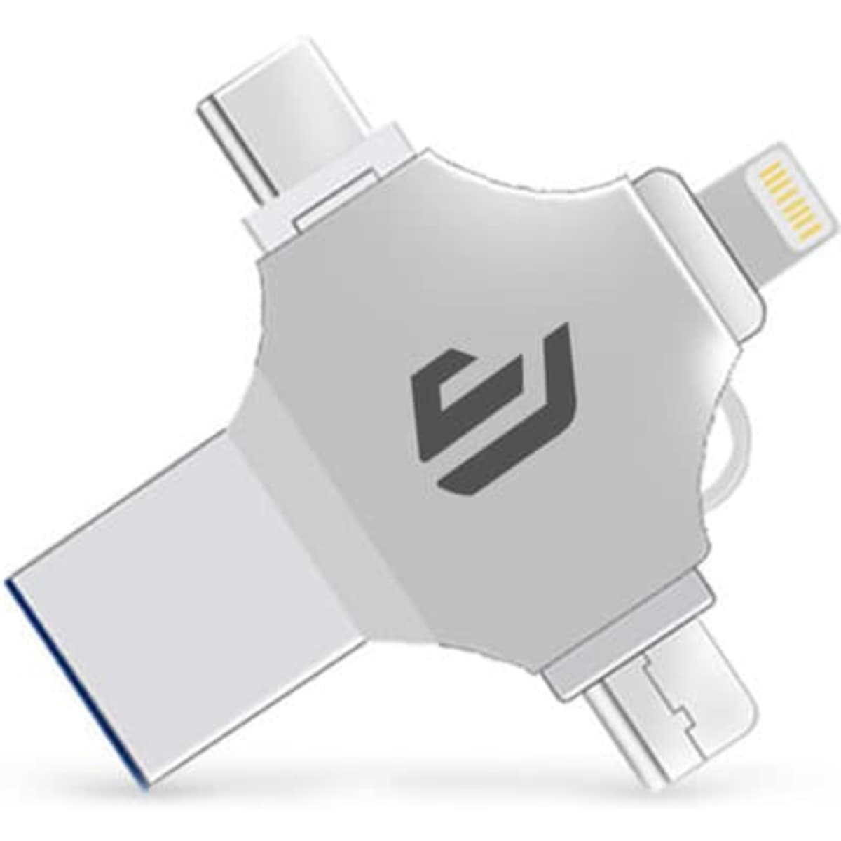 A silver 16GB 4 in 1 multifunction USB flash drive with various connector types and a logo.