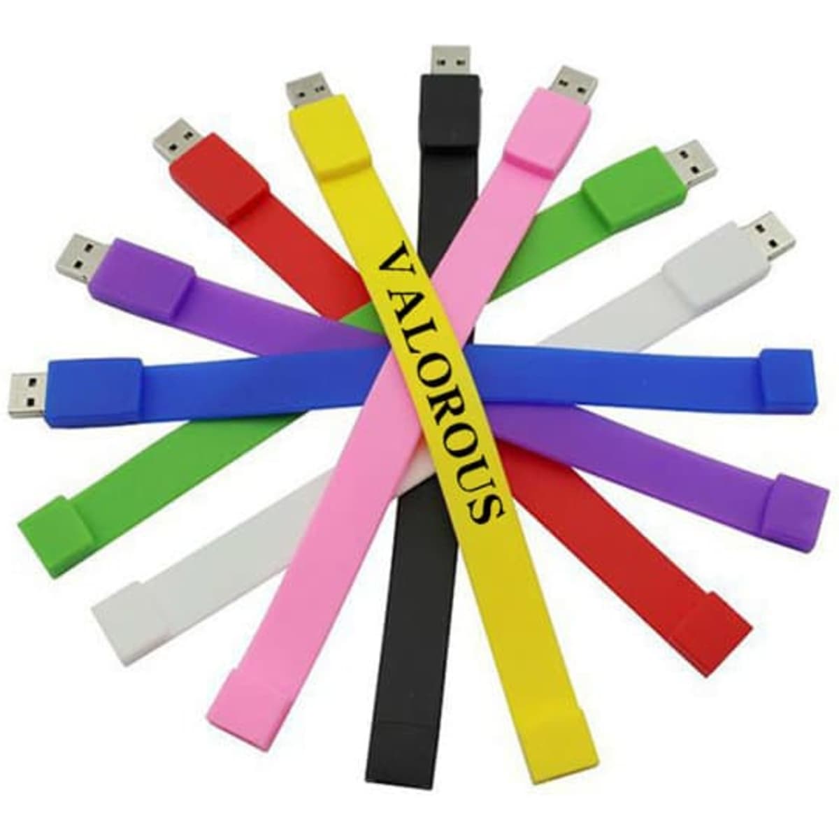 A group of 4GB silicone flash drive wristbands in various colours, featuring a logo on one.