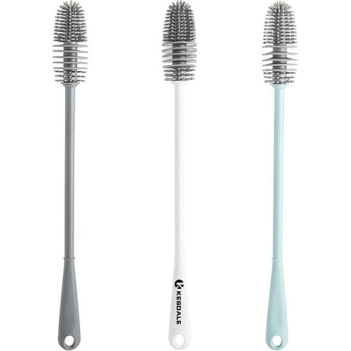 A set of silicone cup brushes in grey, white, and light blue, featuring long handles and a branding detail.