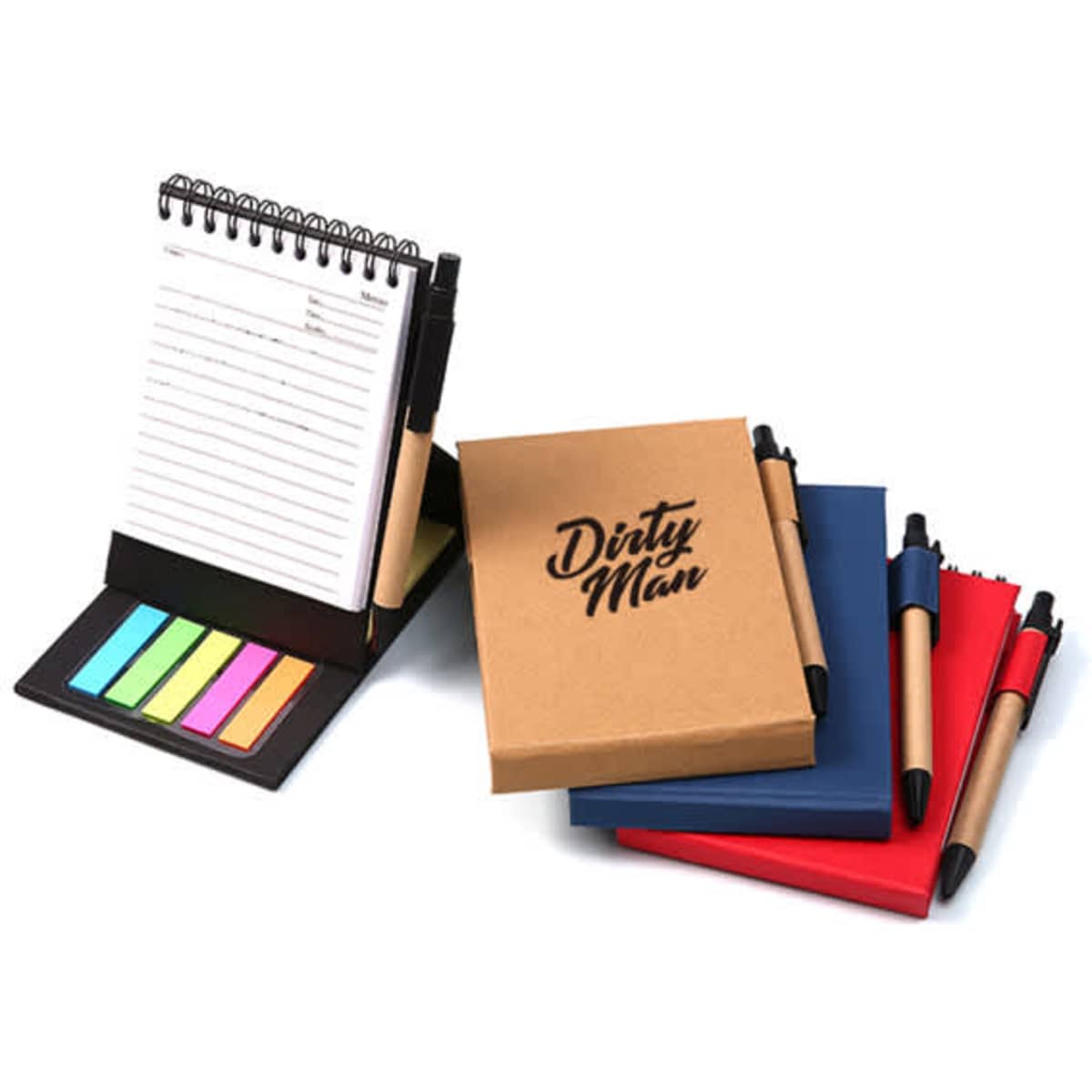 A spiral notepad with sticky notes in pastel colours, accompanied by a red, blue, and brown notebook with pens.