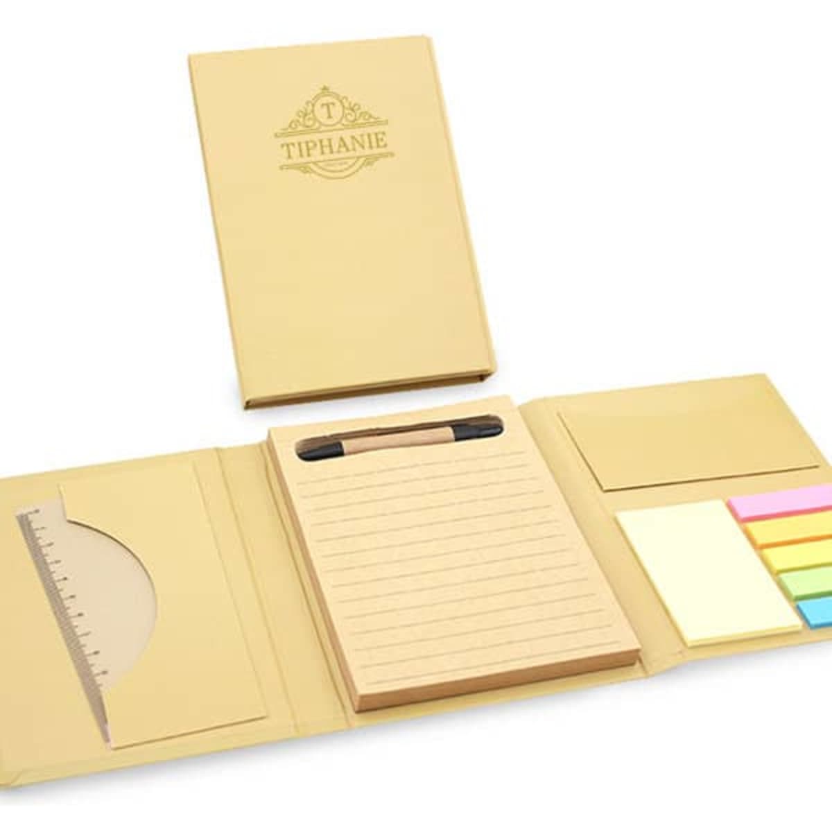 A notepad with a pen and sticky notes in various pastel colours, enclosed in a tan folder with a logo.