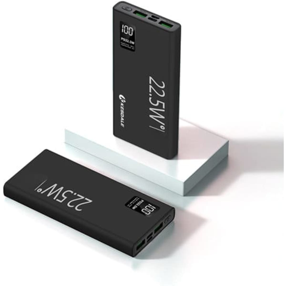 A black custom high-capacity power bank with USB ports and a display showing power output. Features branding.