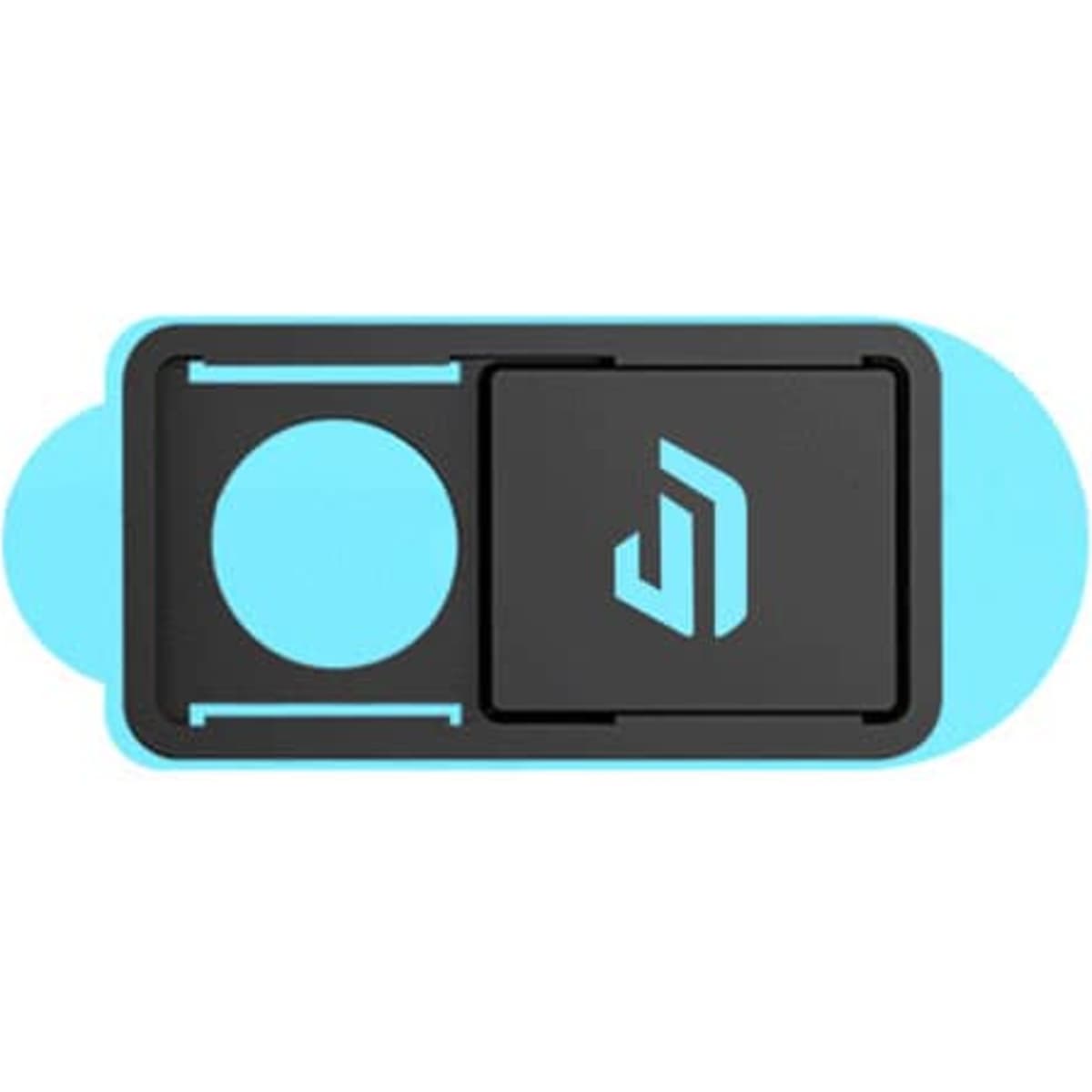 A custom webcam cover in black and blue, featuring a logo, designed to protect webcam privacy.