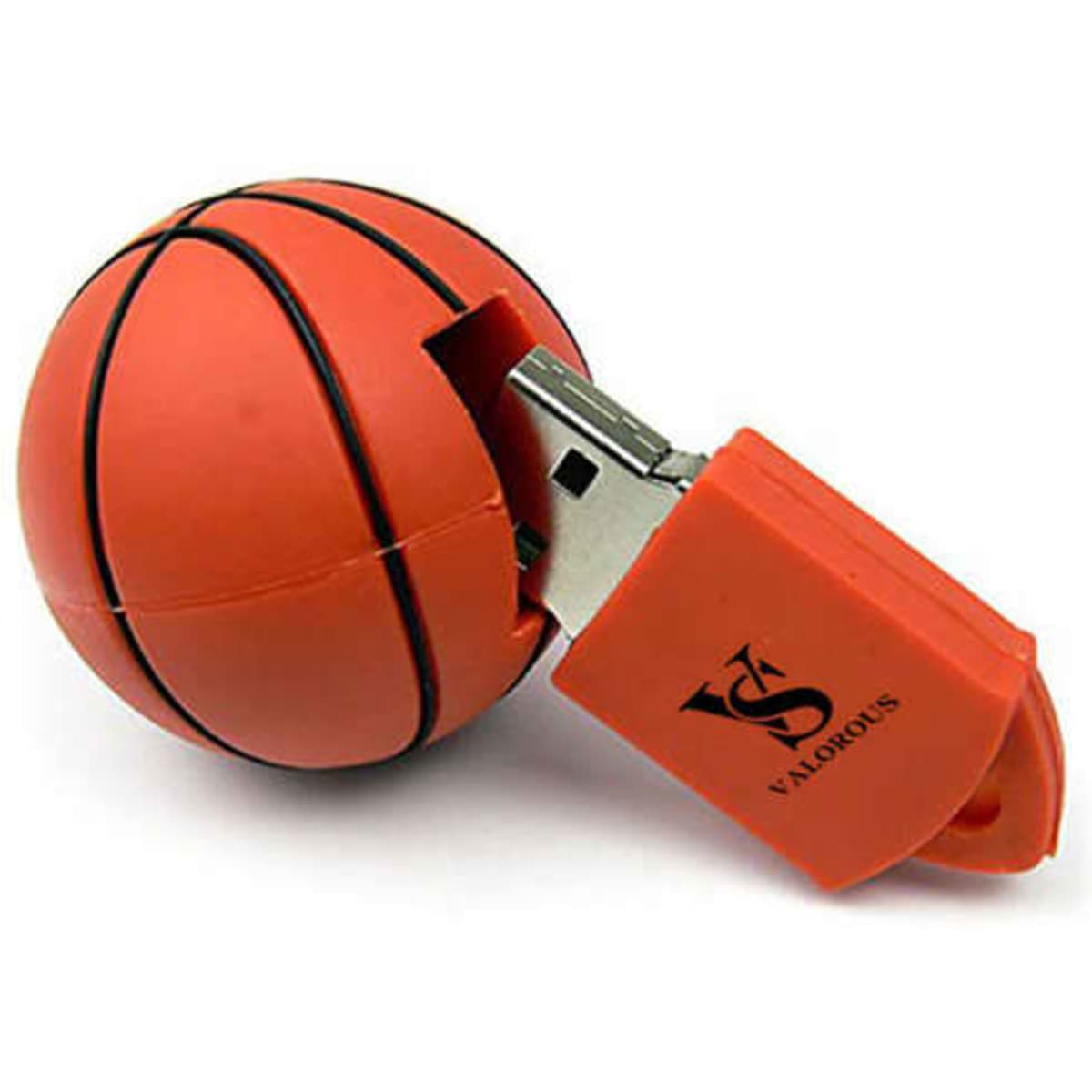 A 4GB USB flash drive designed like a basketball, featuring vibrant orange and black colours, with a small logo.