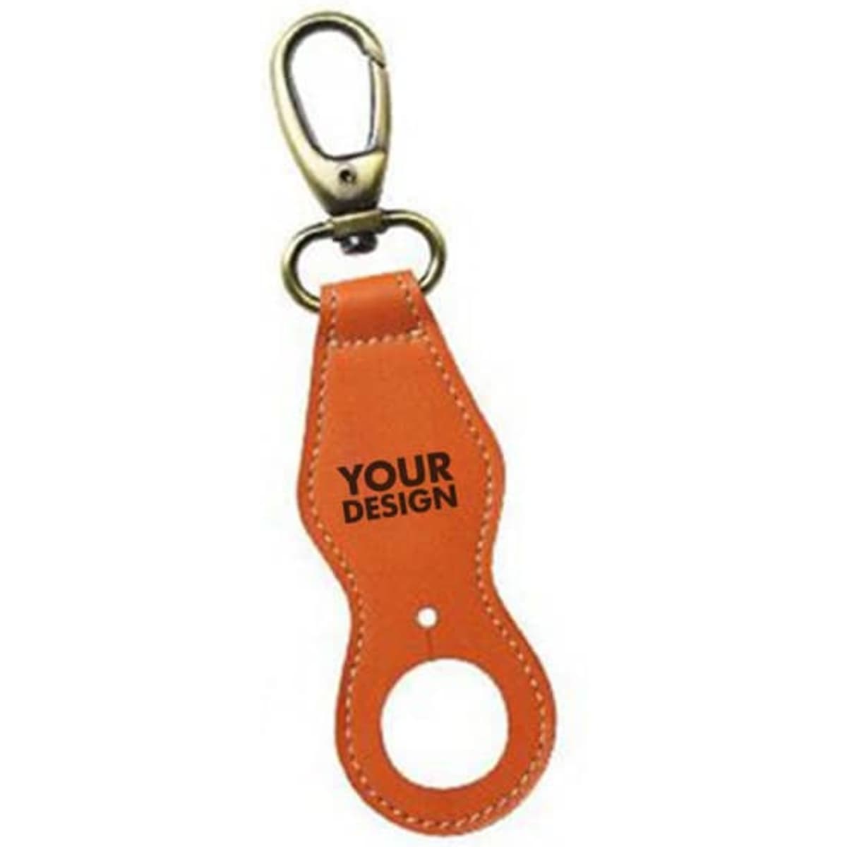 A drink bottle holder clip in orange with a metal clasp and a space for custom design.