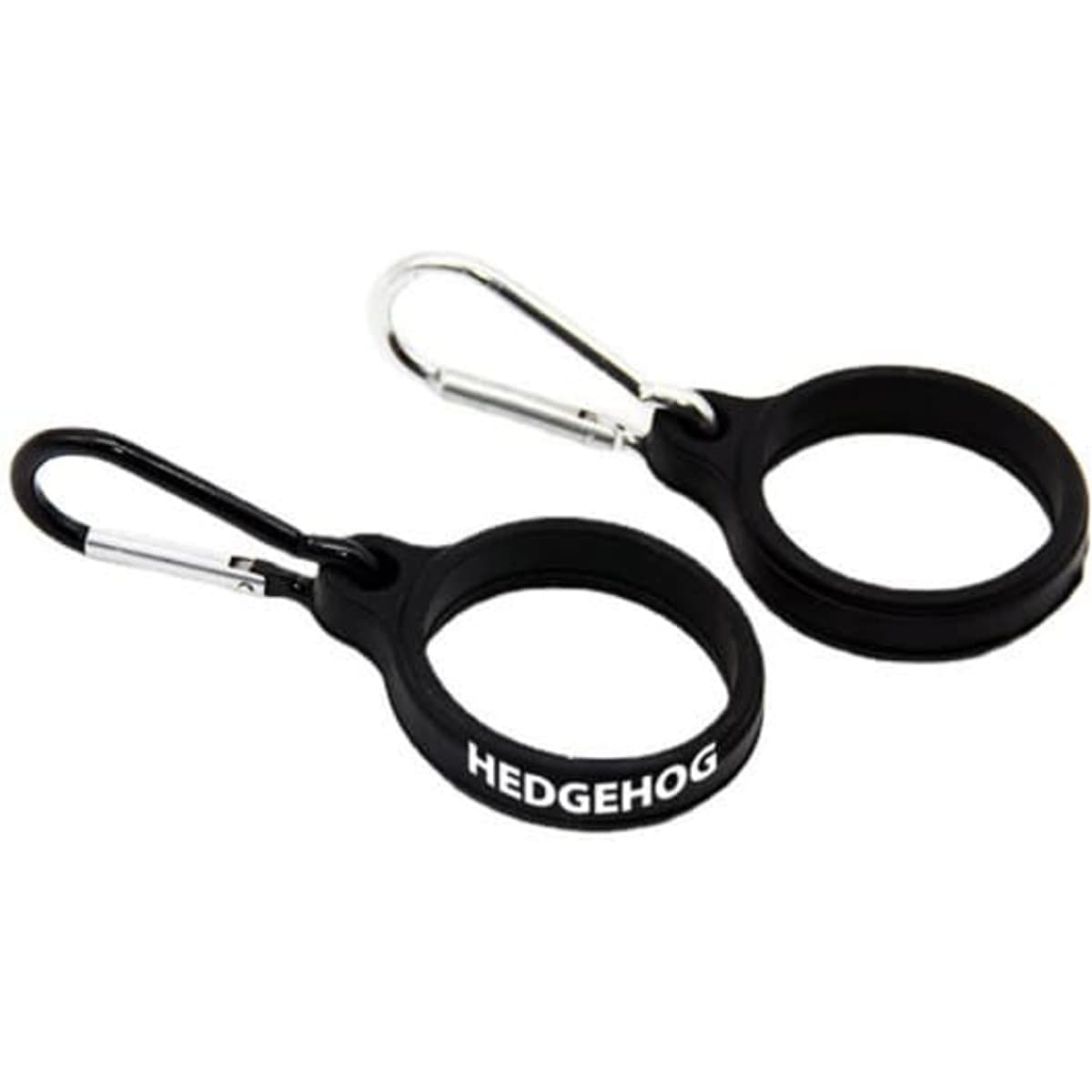 A drink bottle carrier in black, featuring a carabiner and a logo, designed for outdoor use.