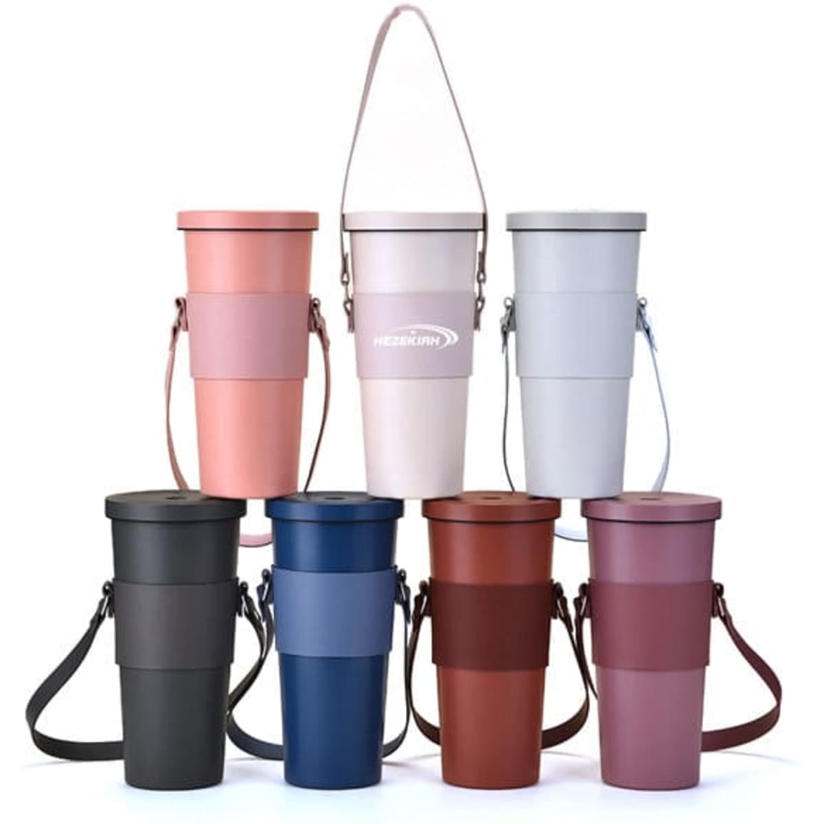A collection of PU leather carrying cup sleeves in various colours, featuring a strap and a logo on some models.