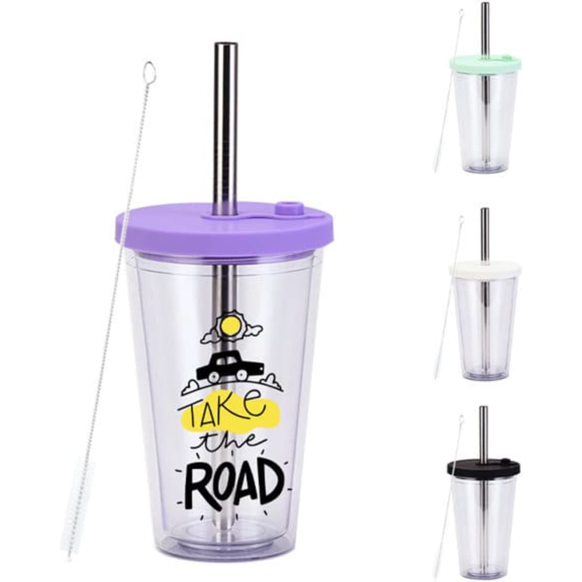 A drink bottle featuring a clear design with a purple lid and metal straw, accompanied by multiple colour options.