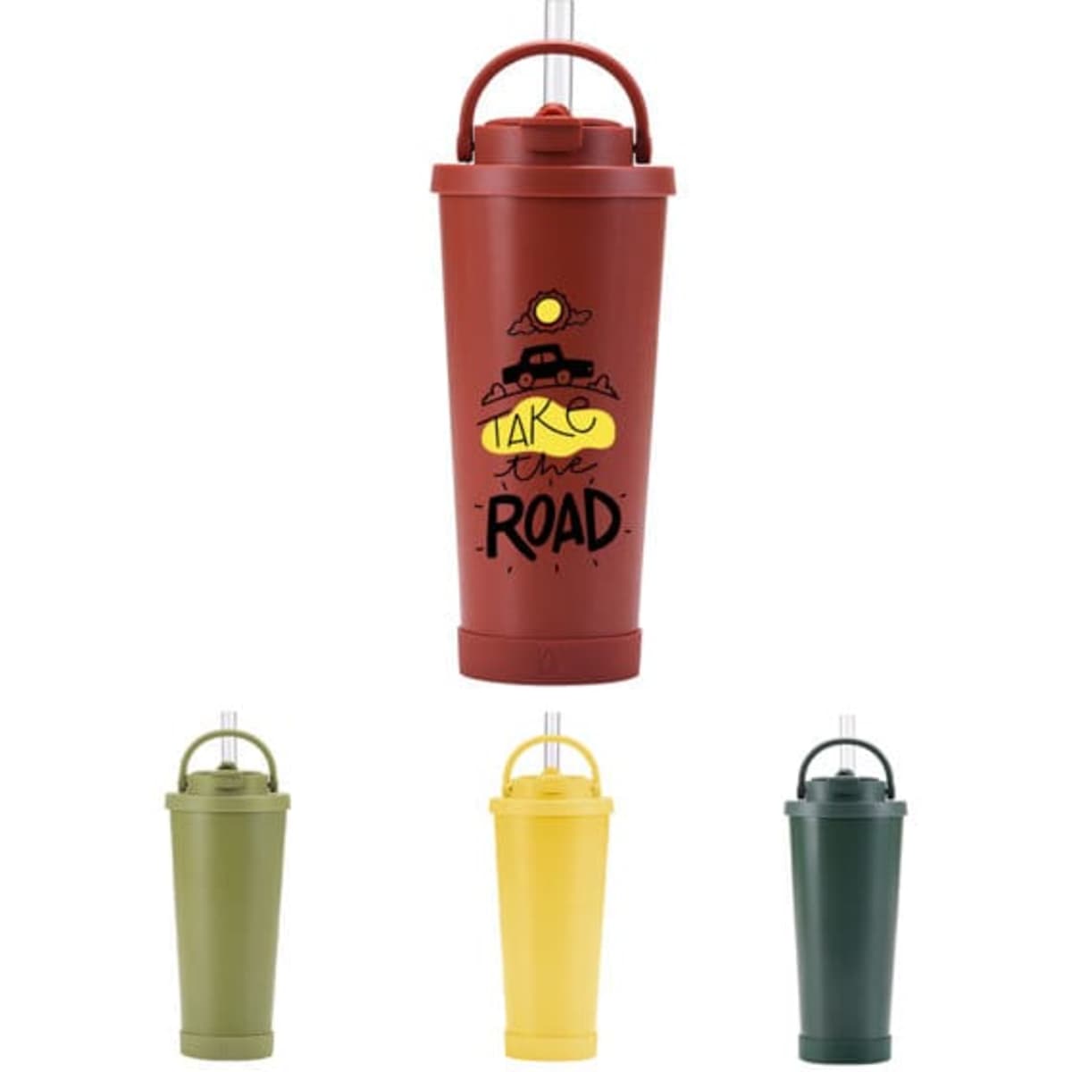 A drink bottle featuring a maroon colour with a handle, alongside green, yellow, and dark green variations. Includes a straw.