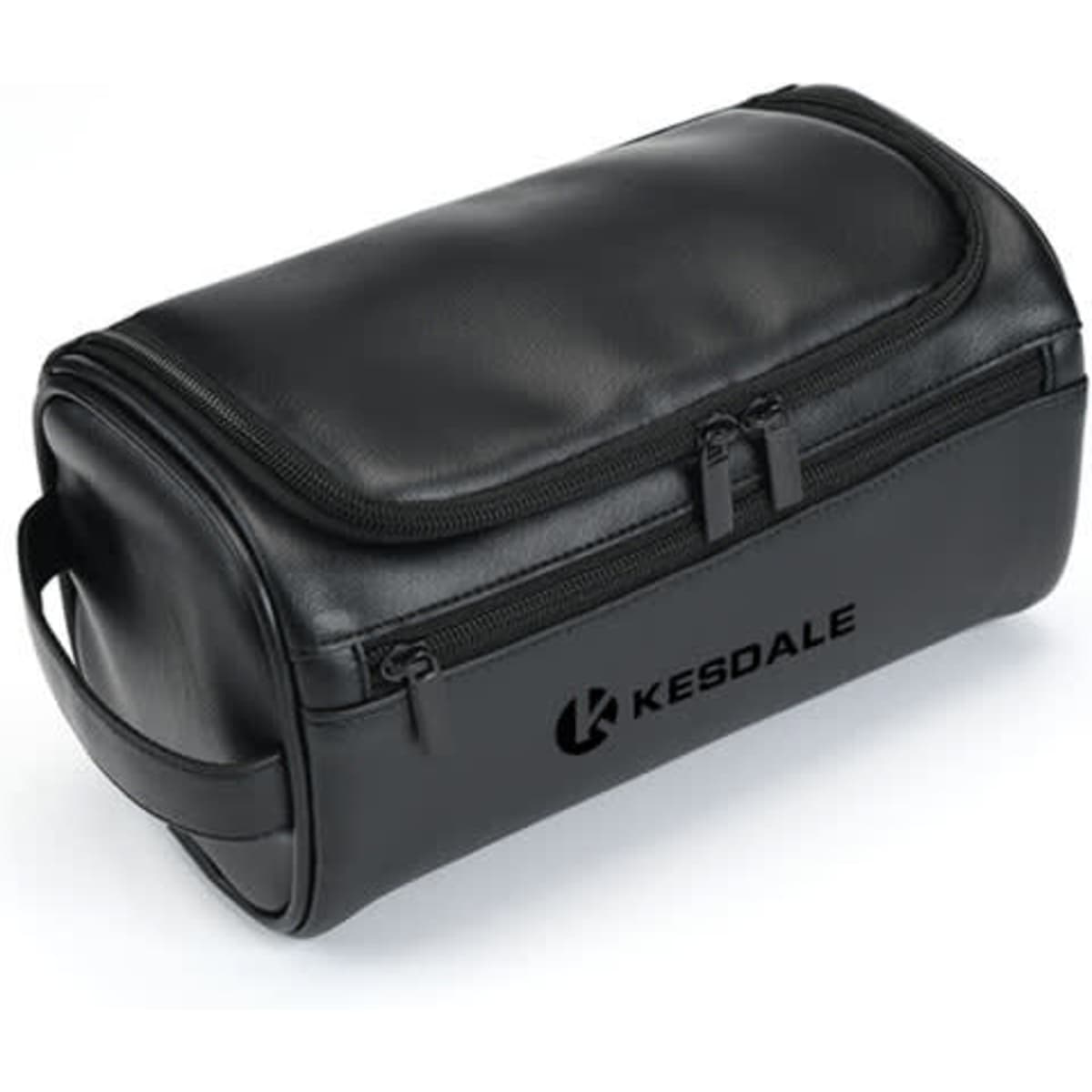 A large black cosmetic bag with a zip closure, featuring a handle and a logo. Ideal for organising toiletries.