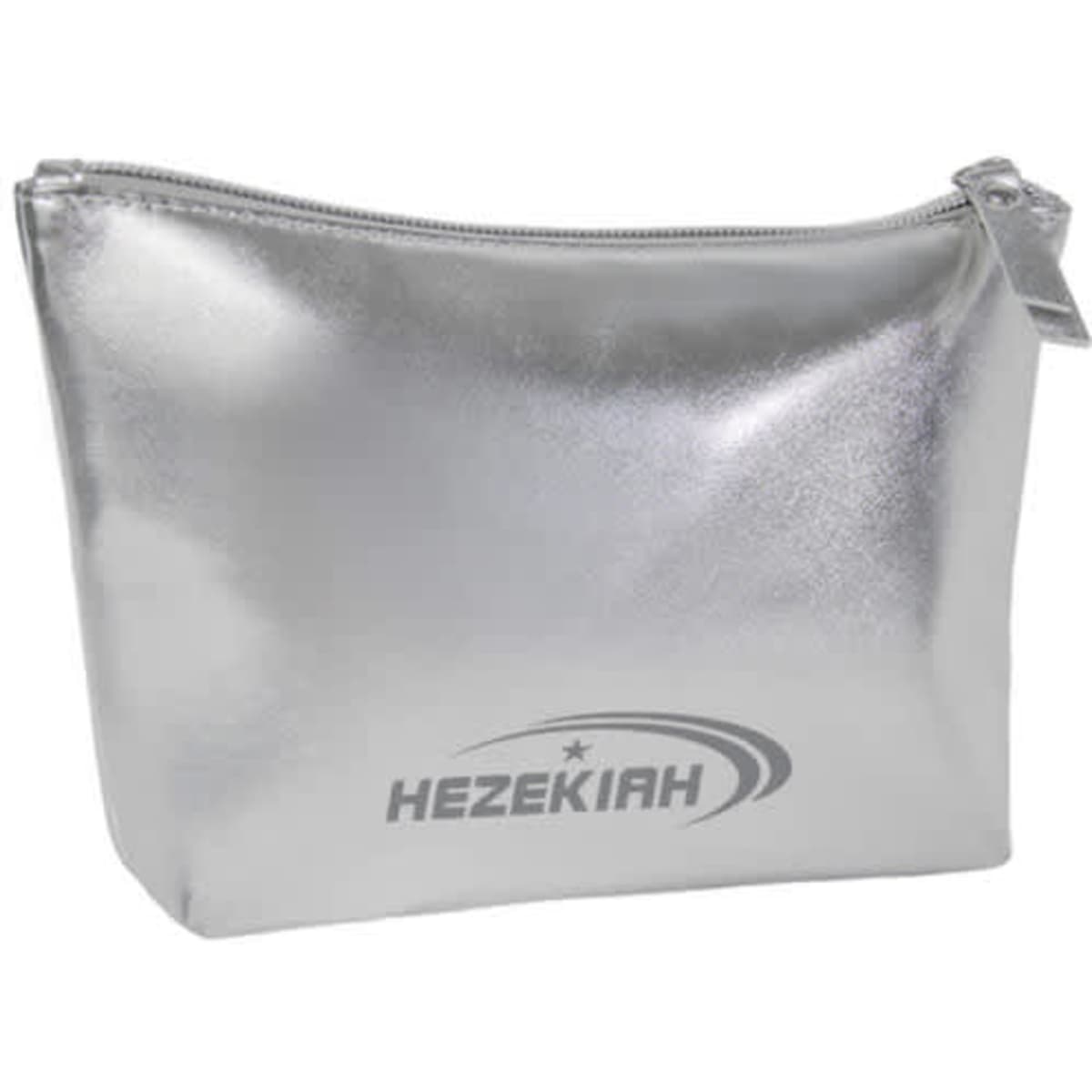 A silver cosmetic bag with a zip closure and a logo on the side. Ideal for toiletries and accessories.