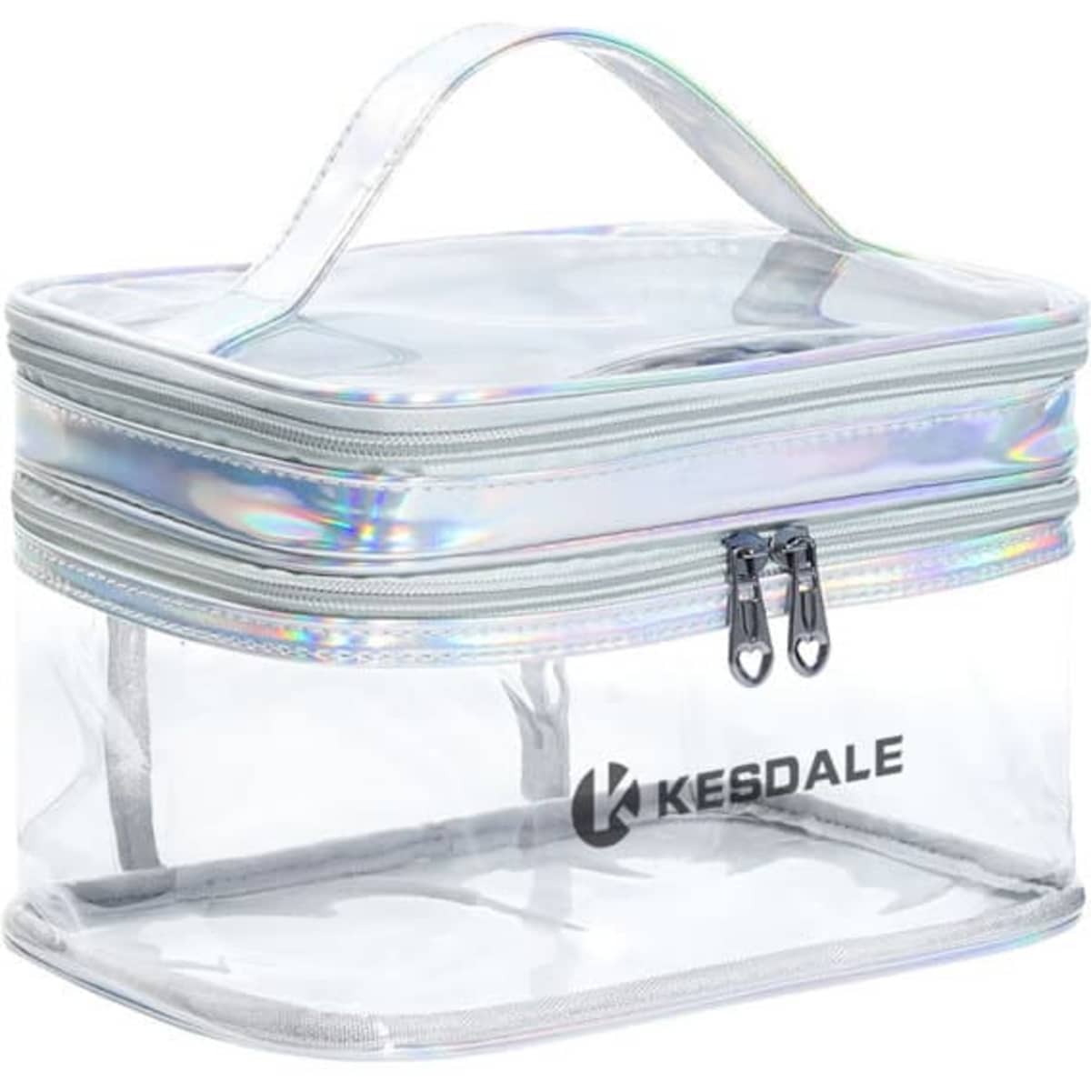 A clear PVC double layer cosmetic bag with a holographic finish and a handle on top. It features zip closures and a logo.
